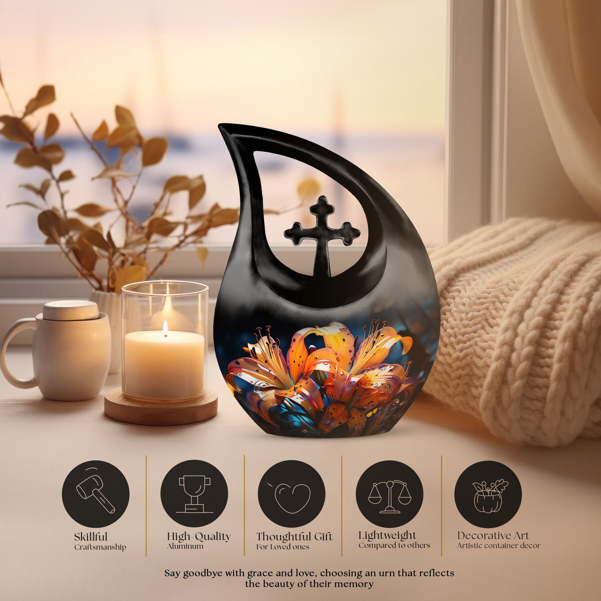 10-inch Lilly Flower Cross Drop Cremation Urn 