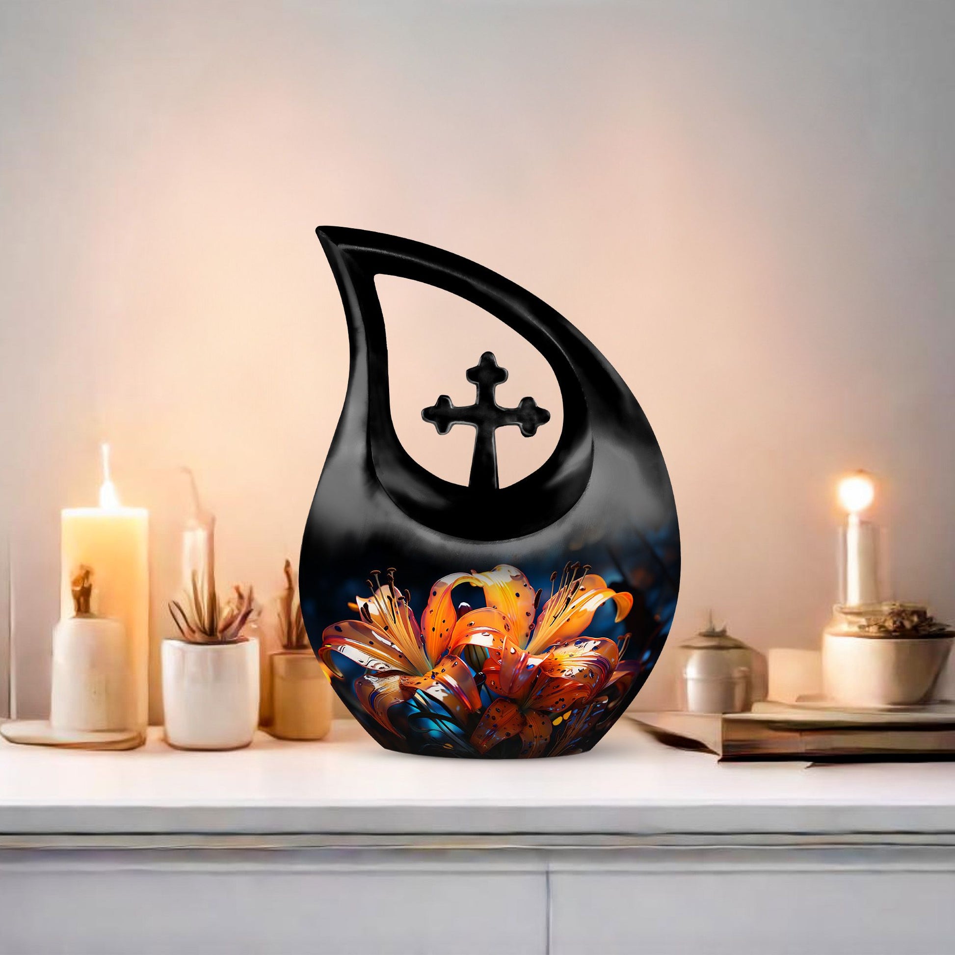 10-inch Lilly Flower Cross Drop Cremation Urn 