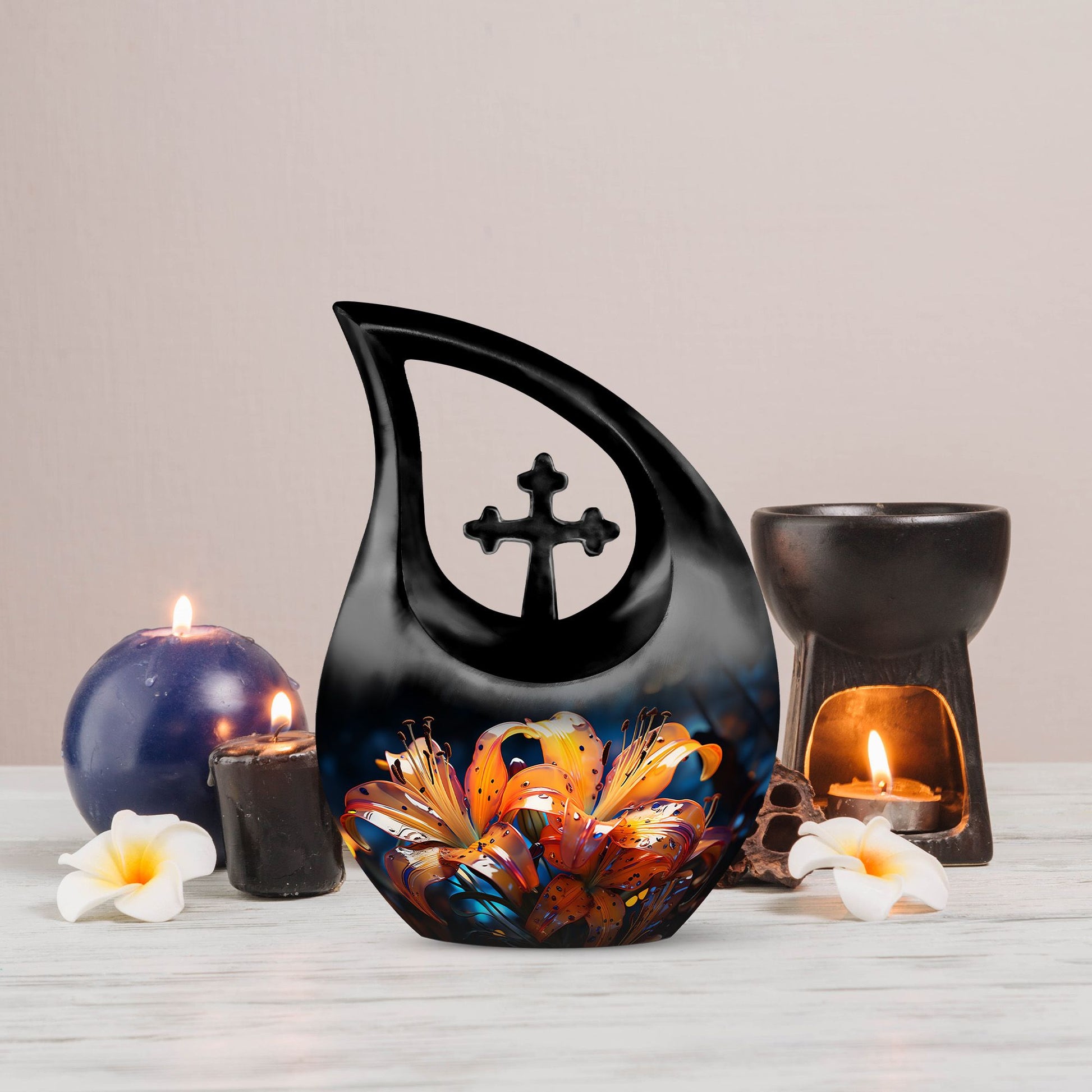 10-inch Lilly Flower Cross Drop Cremation Urn 