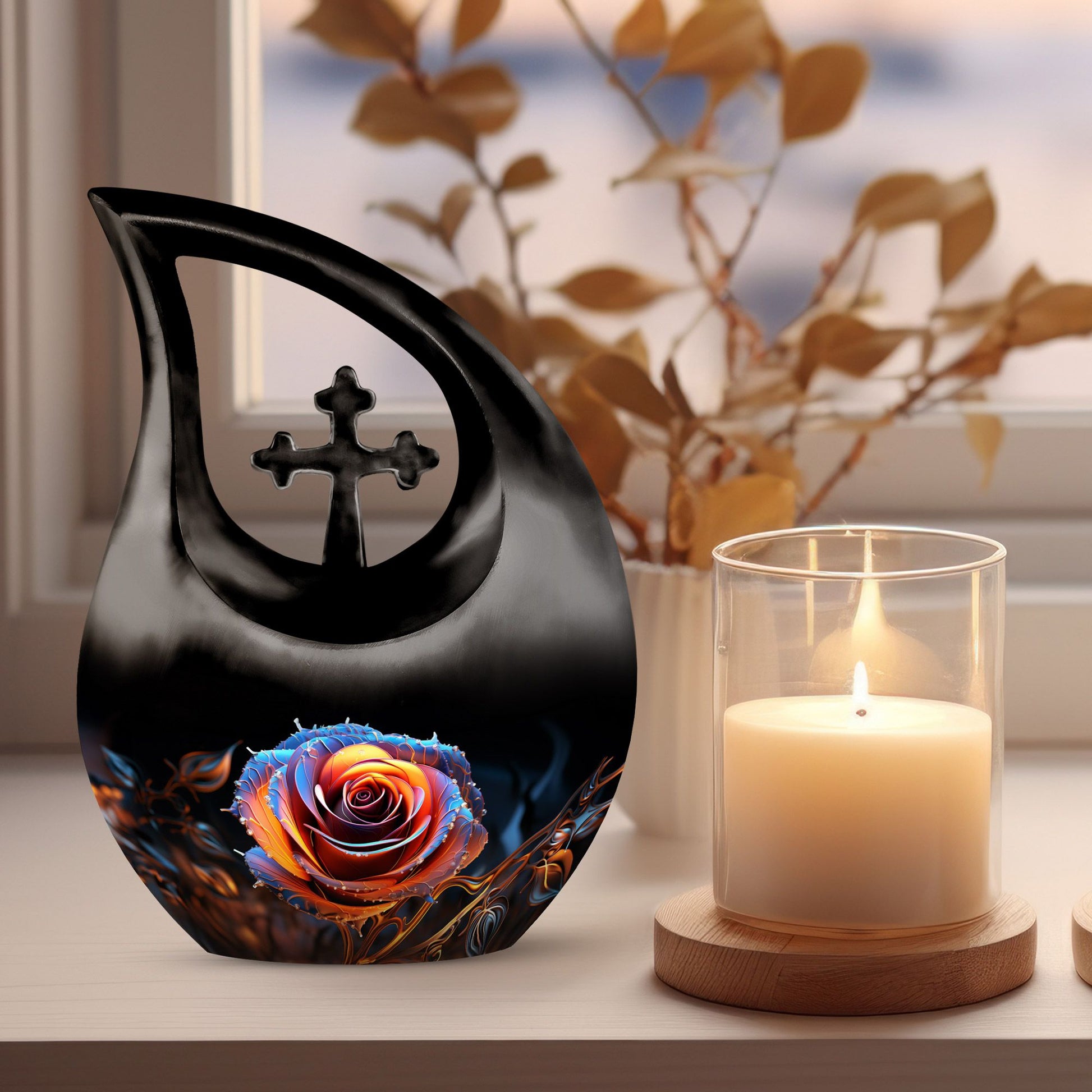 Customized Rose Urn, 10-Inch Cross Drop Design