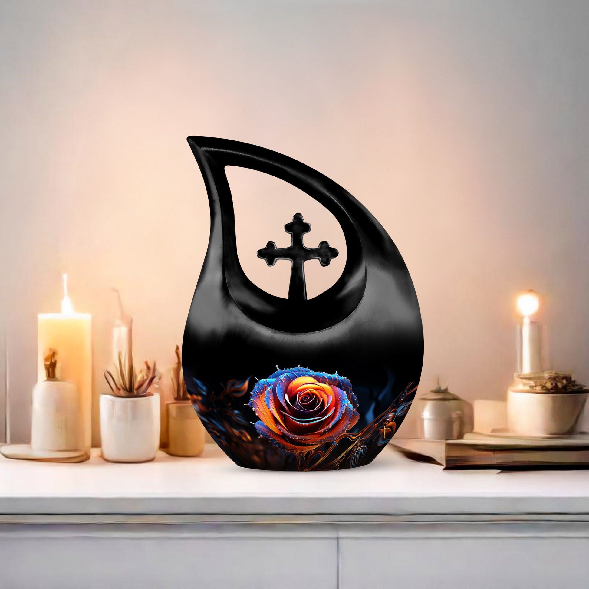 Customized Rose Urn, 10-Inch Cross Drop Design