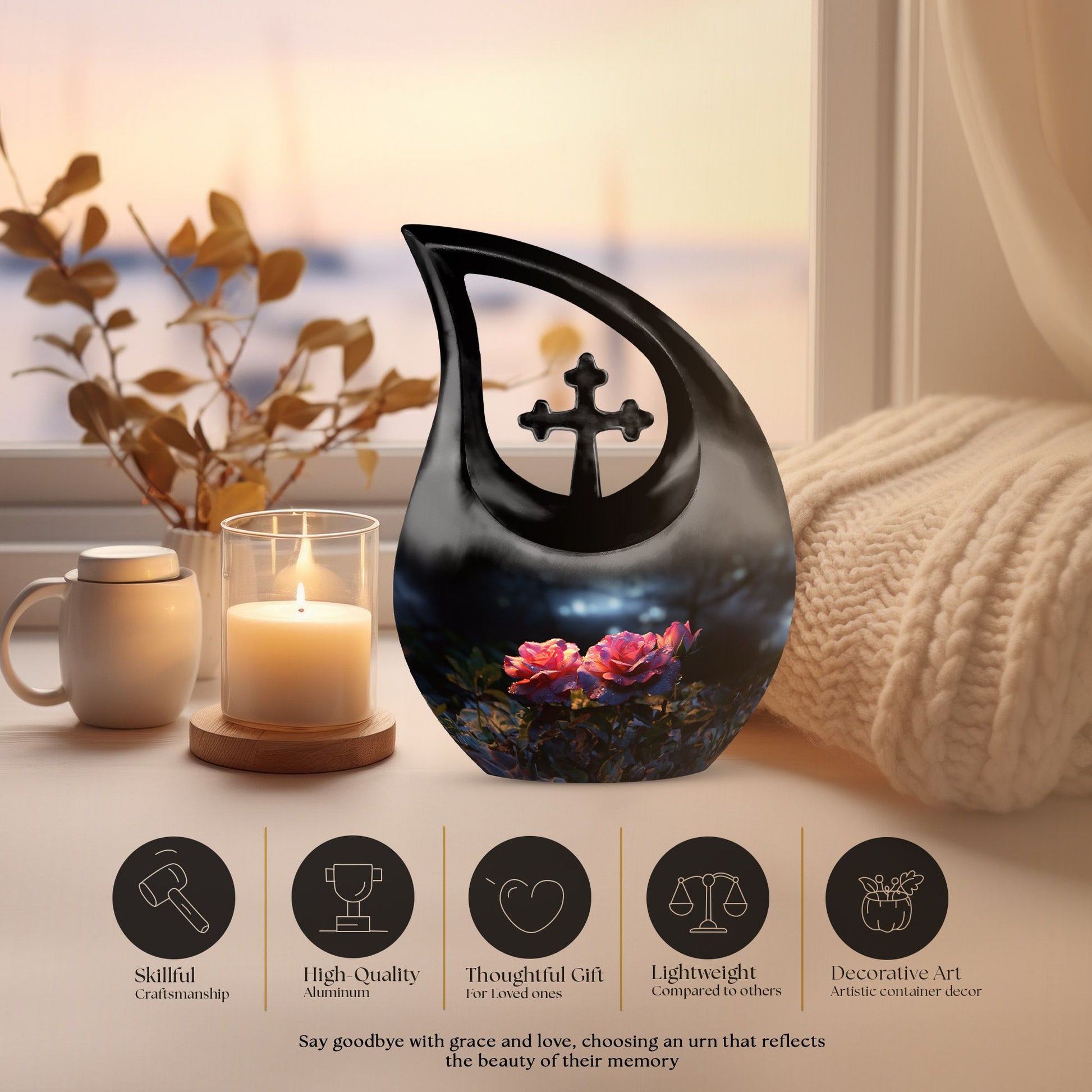 10-inch rose-designed Cross Drop mini urn crafted from 