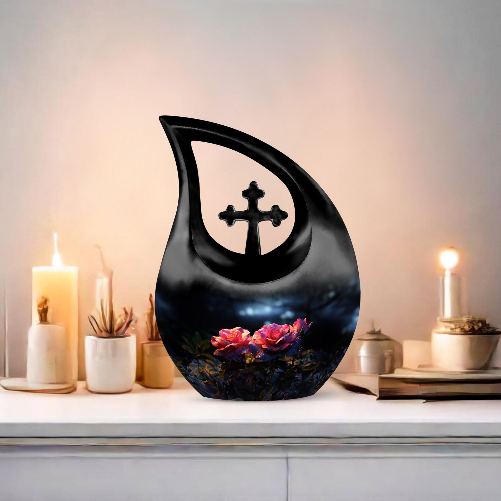 10-inch rose-designed Cross Drop mini urn crafted from 