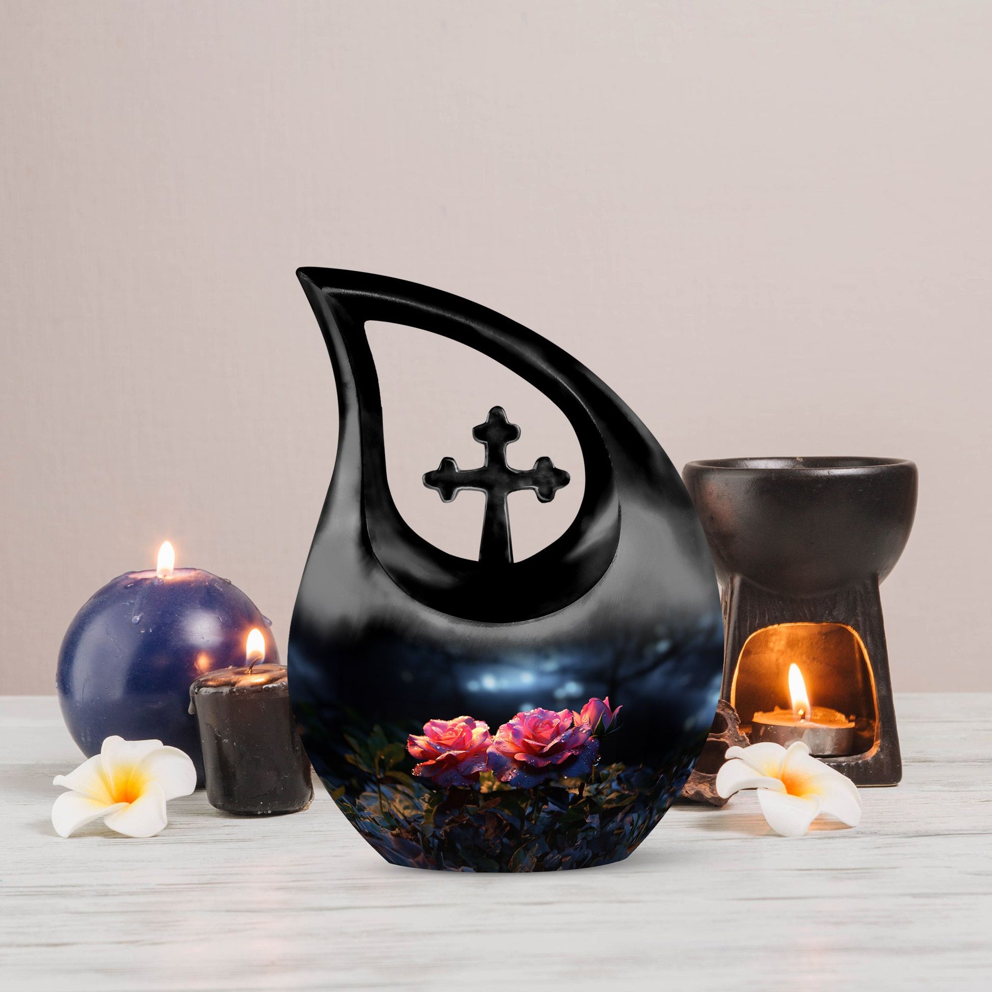 10-inch rose-designed Cross Drop mini urn crafted from 