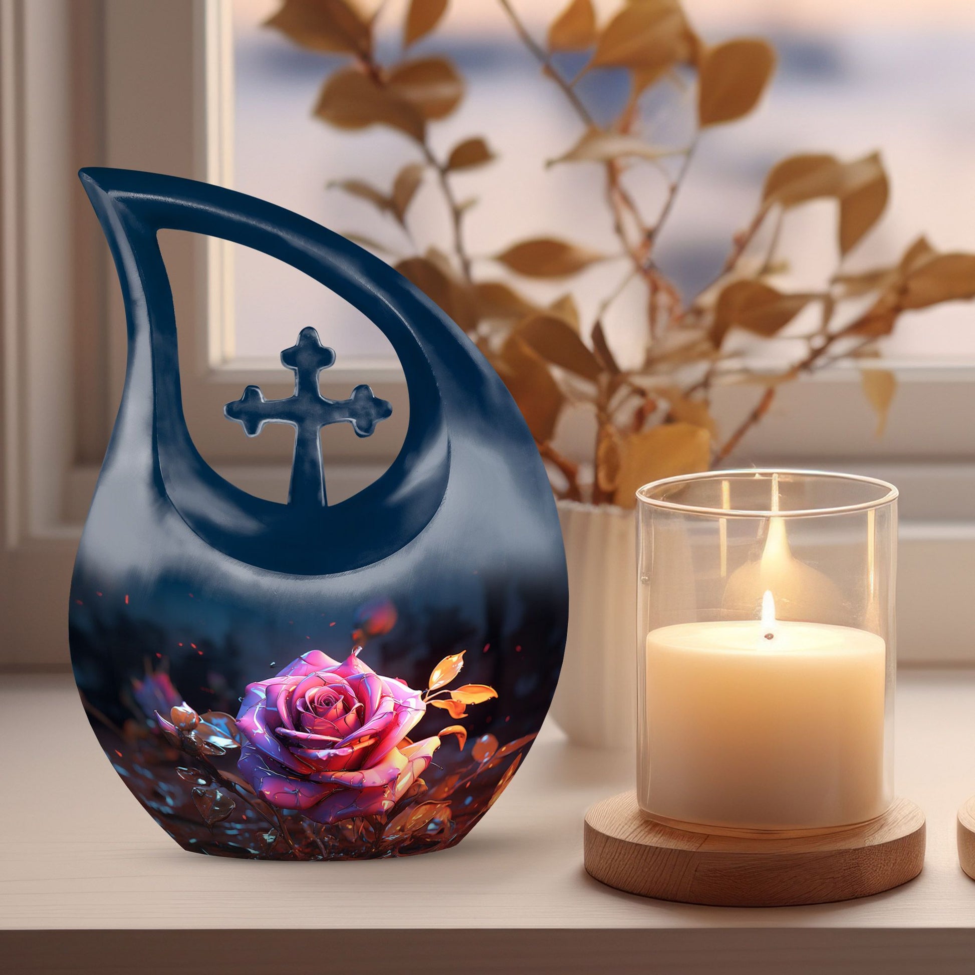 Large 10-inch Rose Urn with Cross Drop design, ideal 