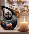 10-inch Rose Urn with Cross Drop design, large, 