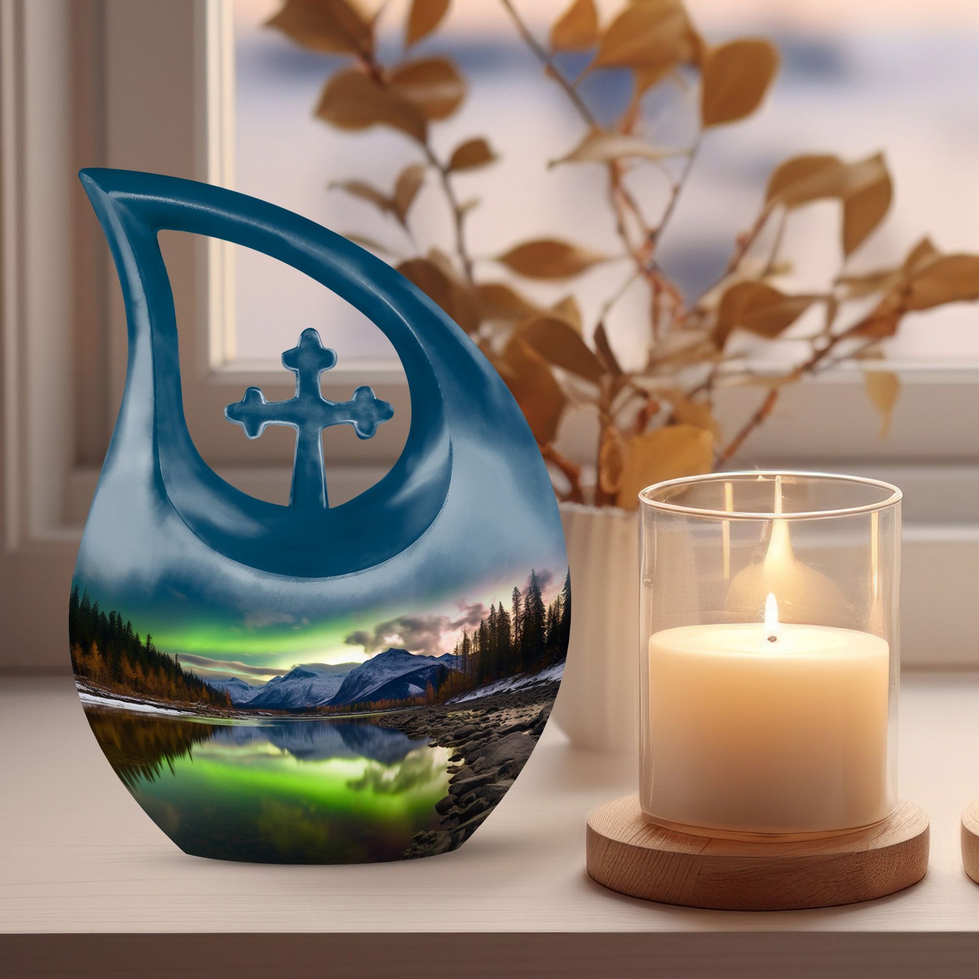 10-inch Aurora Urn, Cross Drop Cremation Casket 