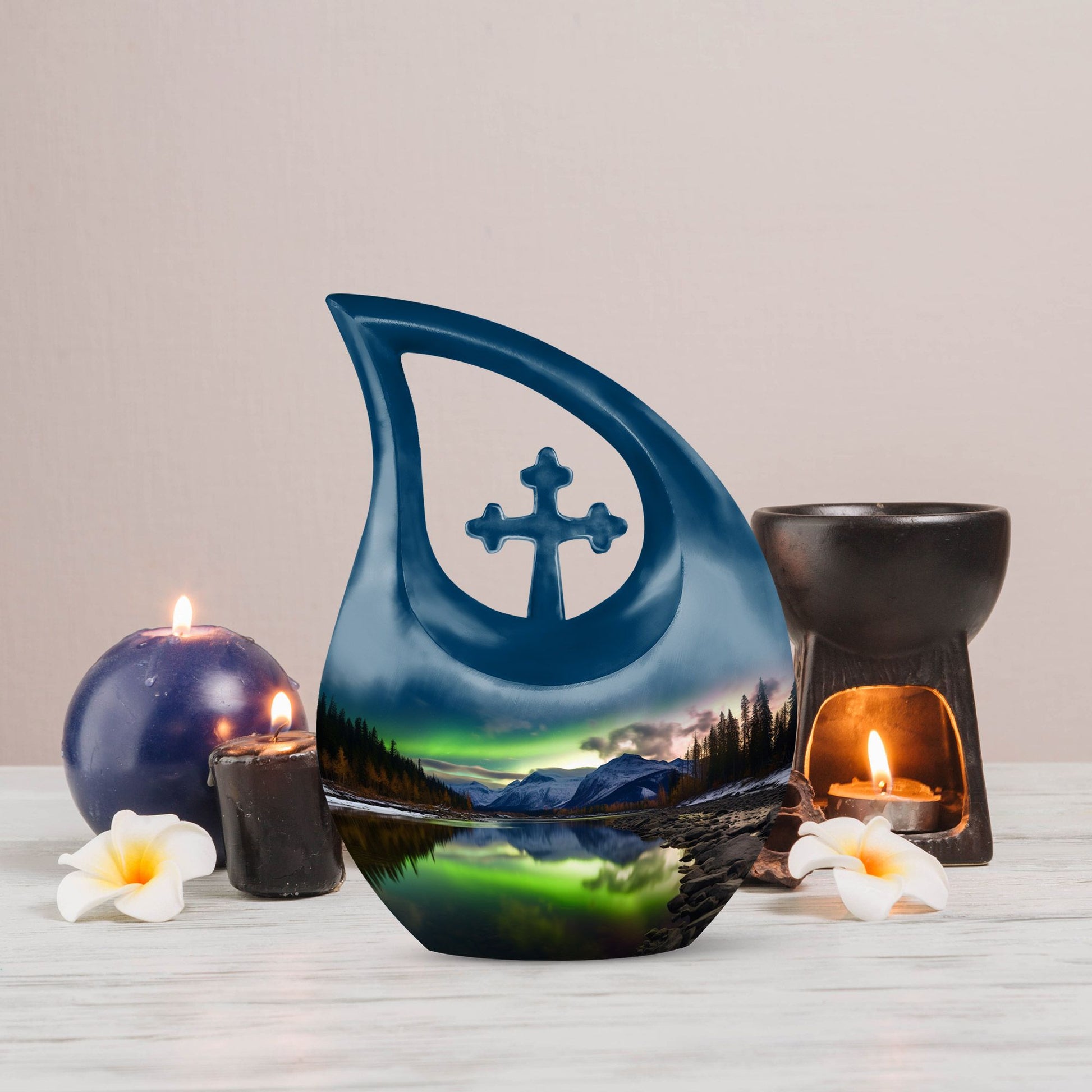 10-inch Aurora Urn, Cross Drop Cremation Casket 