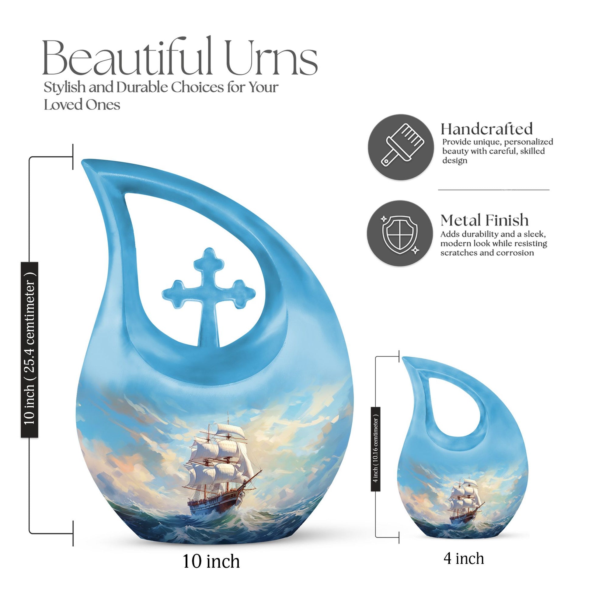 10-inch Ship Urn in Cross Drop design for cremation ashes, 