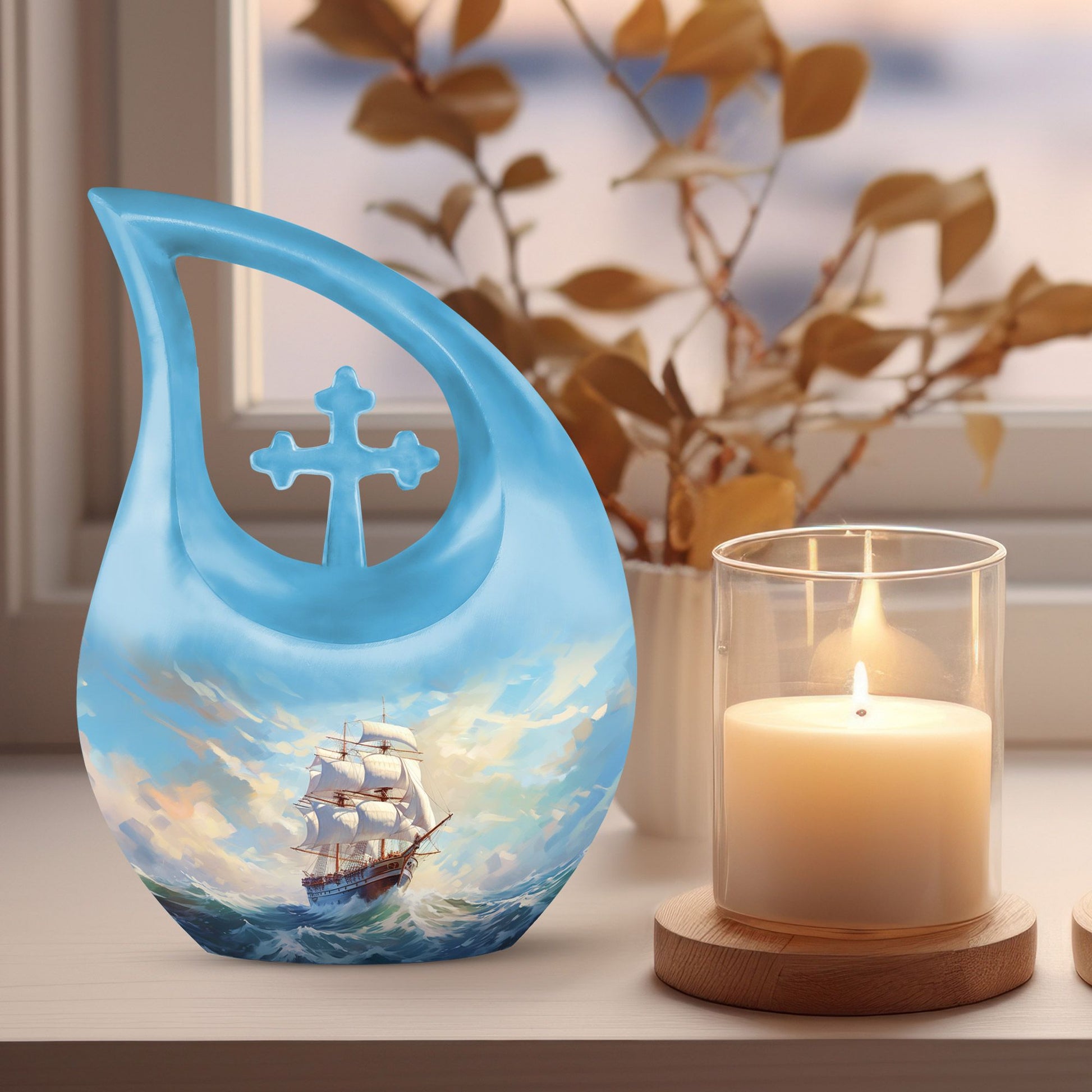 10-inch Ship Urn in Cross Drop design for cremation ashes, 