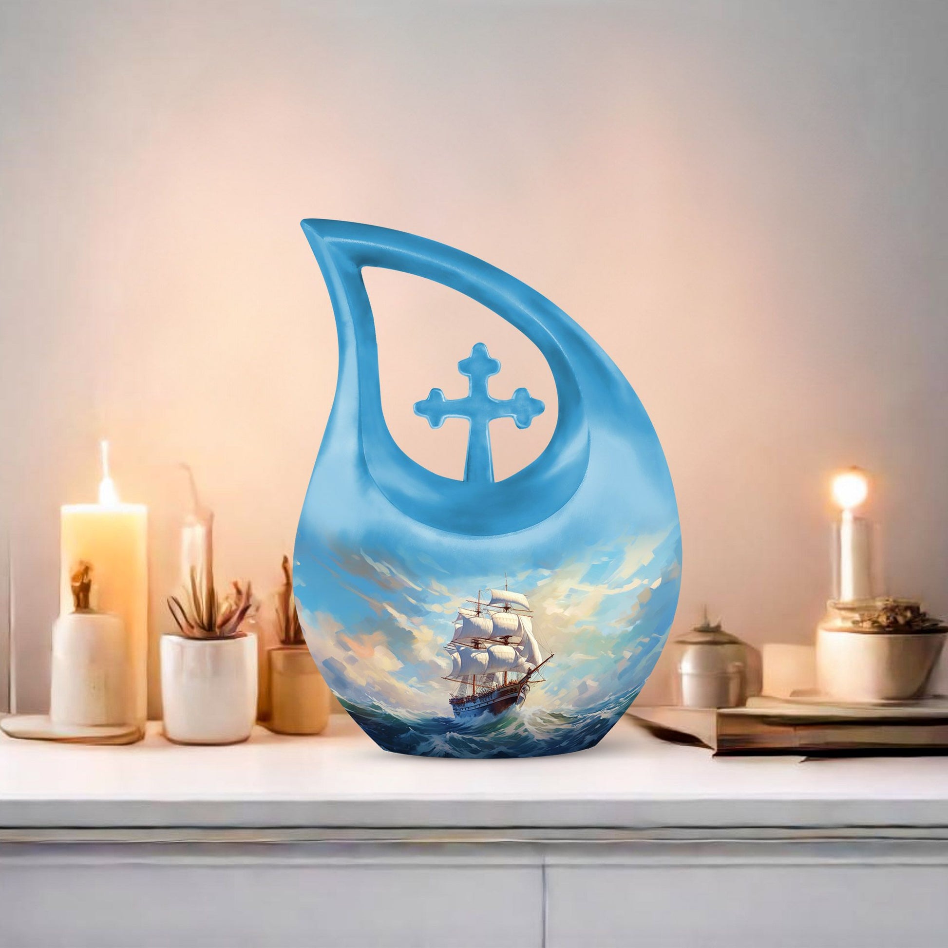 10-inch Ship Urn in Cross Drop design for cremation ashes, 