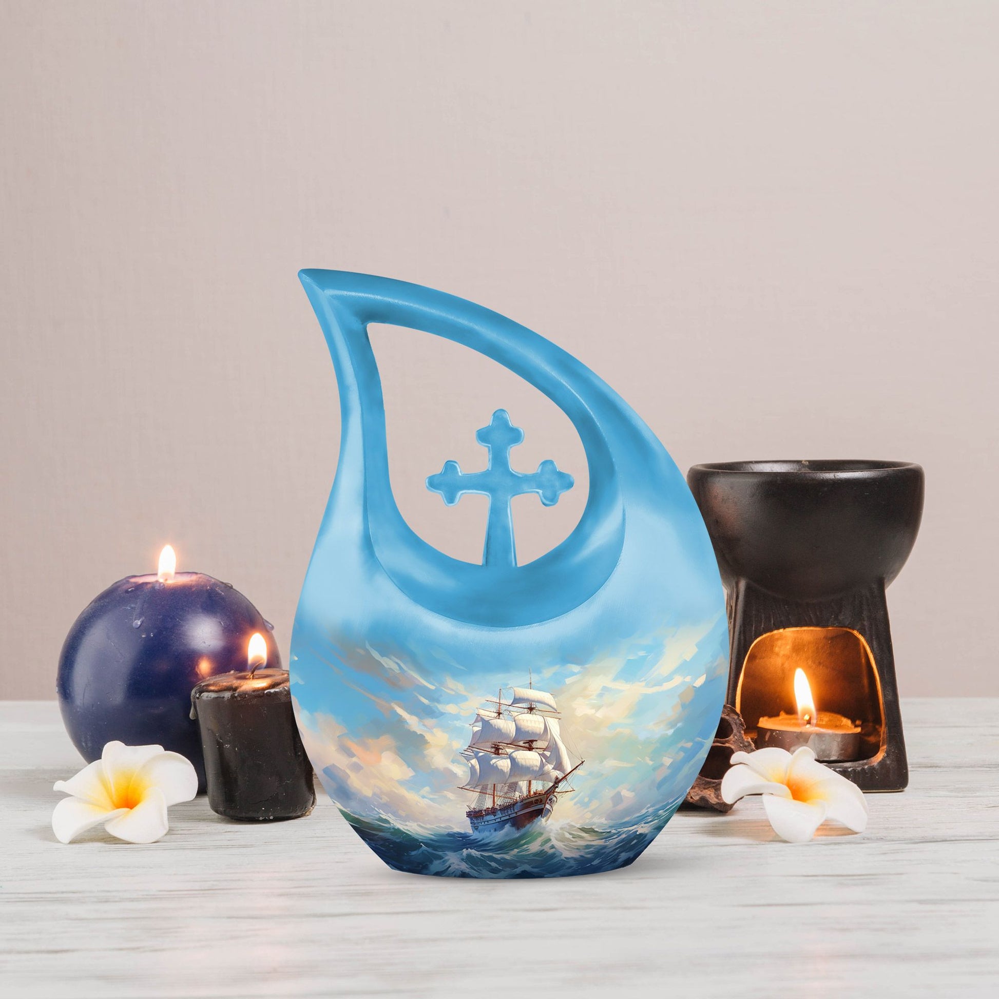 10-inch Ship Urn in Cross Drop design for cremation ashes, 