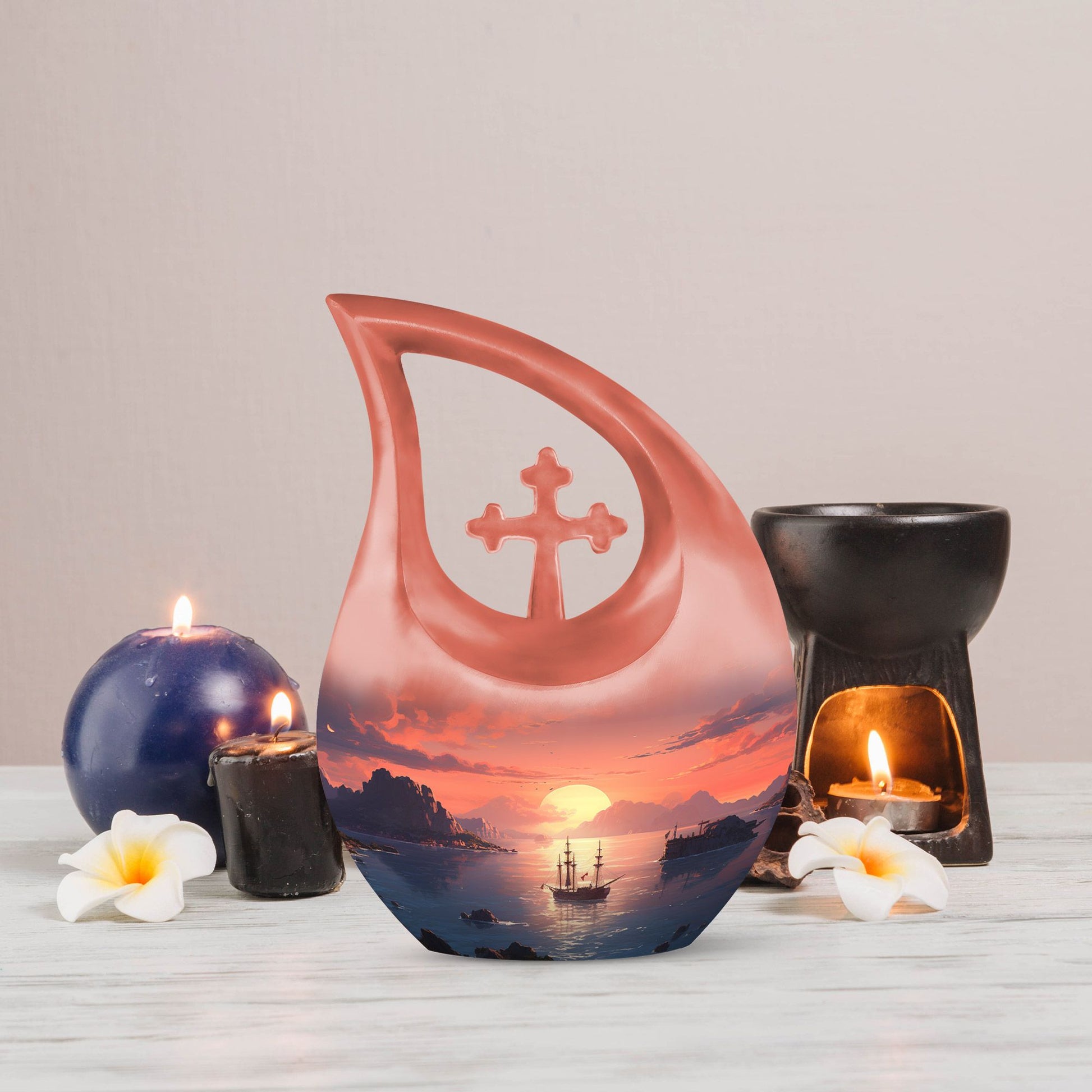 10-inch Wilderness urn with cross drop design for ashes,