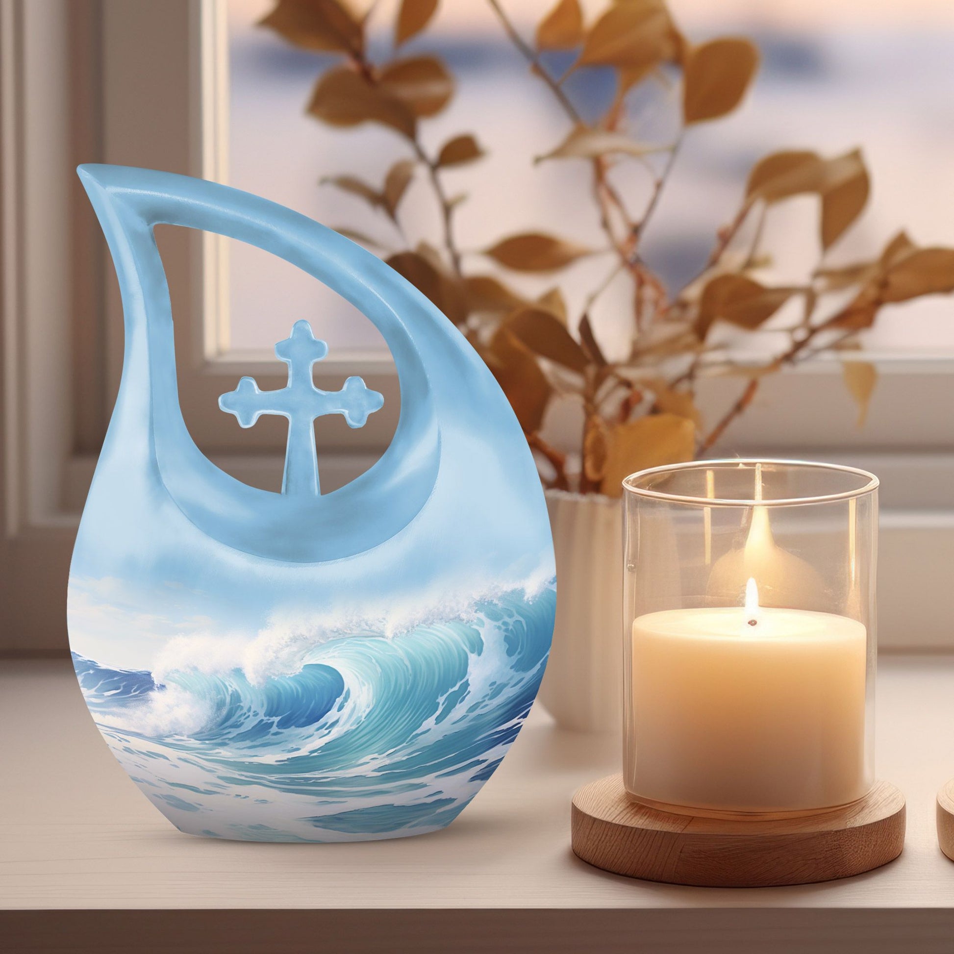 10-inch Wave Cross Drop Urn, Custom Made and Personalized 