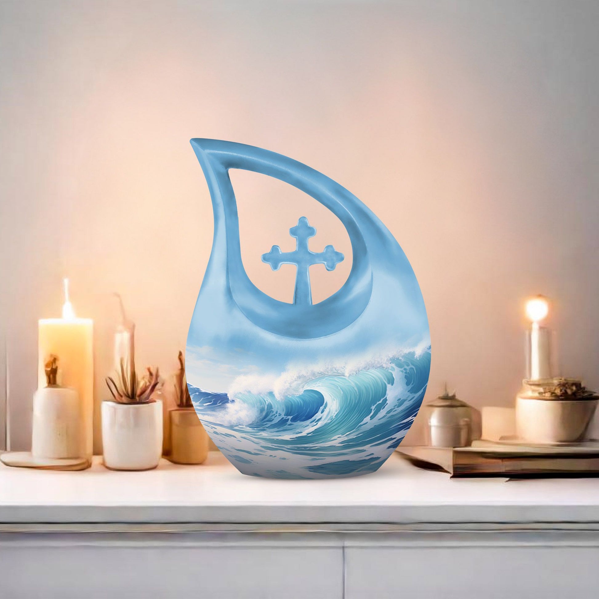 10-inch Wave Cross Drop Urn, Custom Made and Personalized 