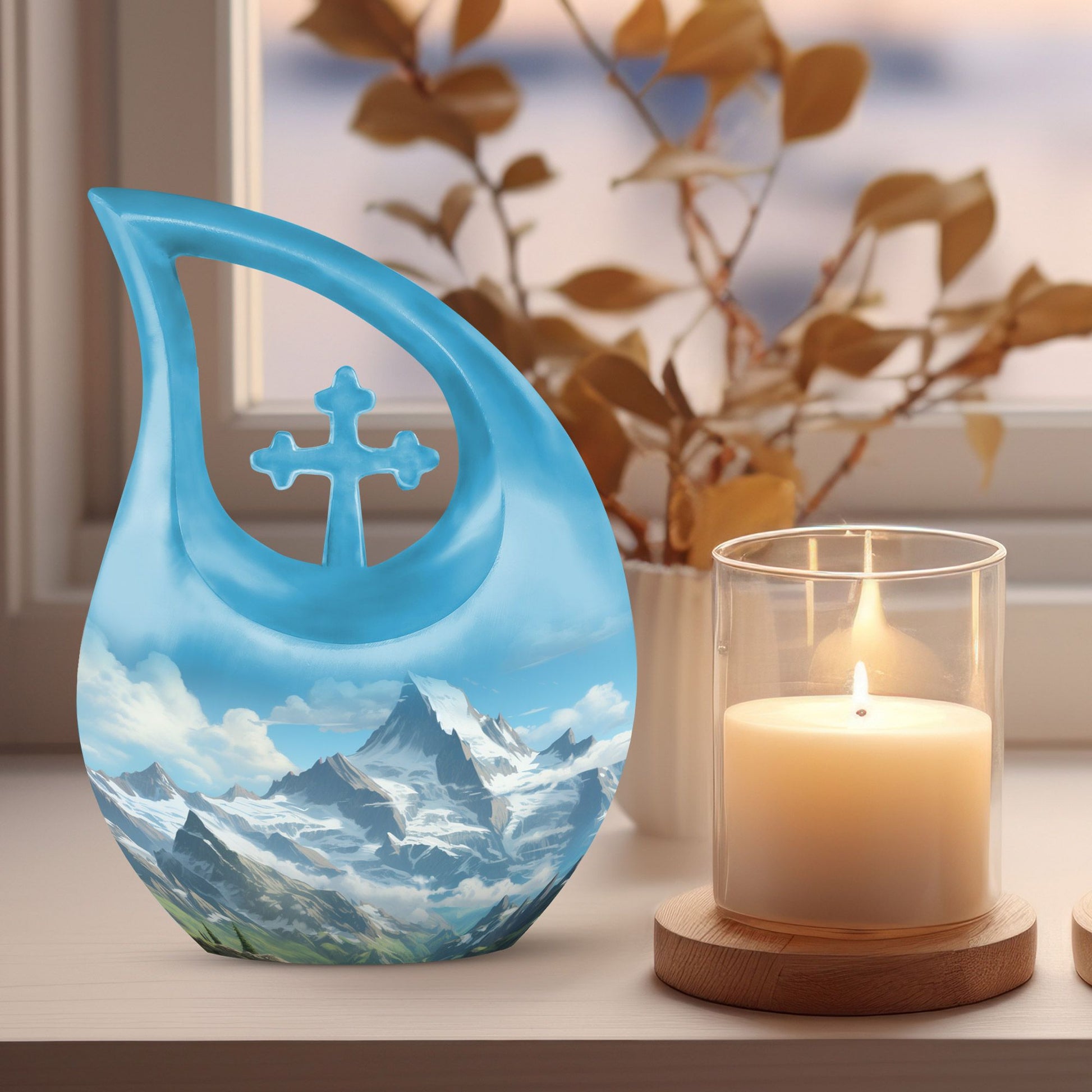 10-inch Mountain themed Cross Drop urn in Aluminium for Dad's ashes