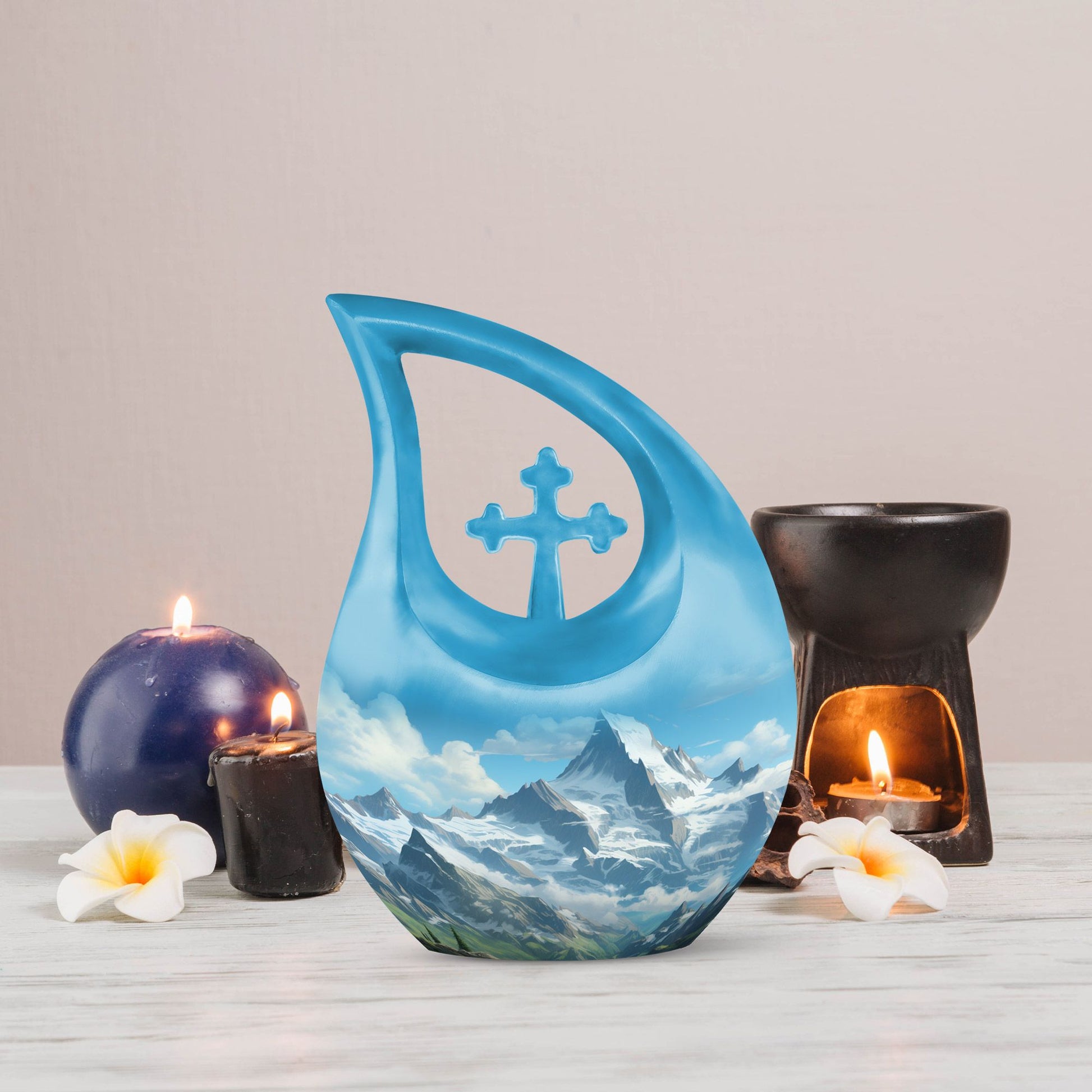 10-inch Mountain themed Cross Drop urn in Aluminium for Dad's ashes