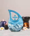 10-inch Mountain themed Cross Drop urn in Aluminium for Dad's ashes