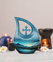 10-inch Mountain Urn with Cross Drop design, includes 