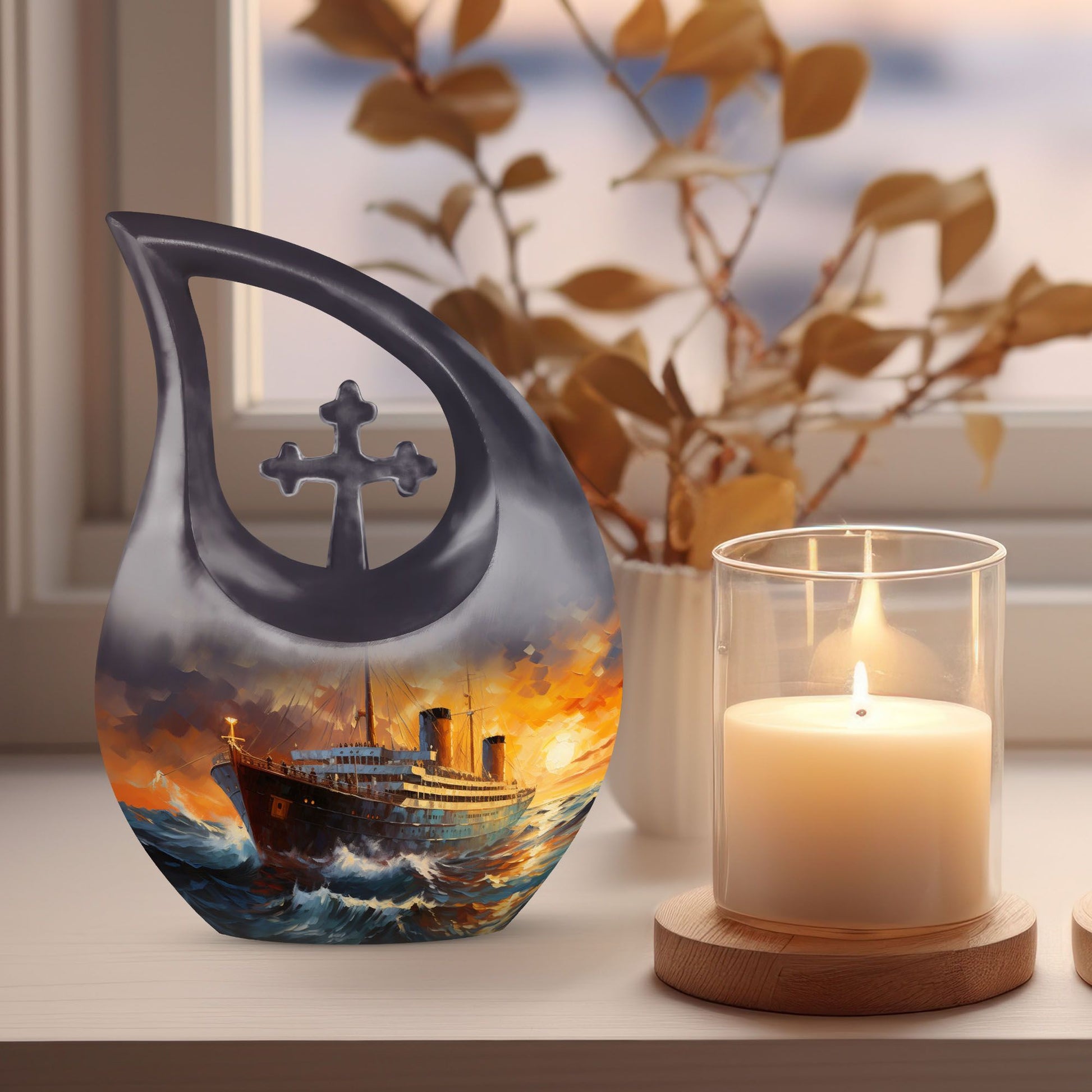 10-inch Ship Urn with Cross Drop design