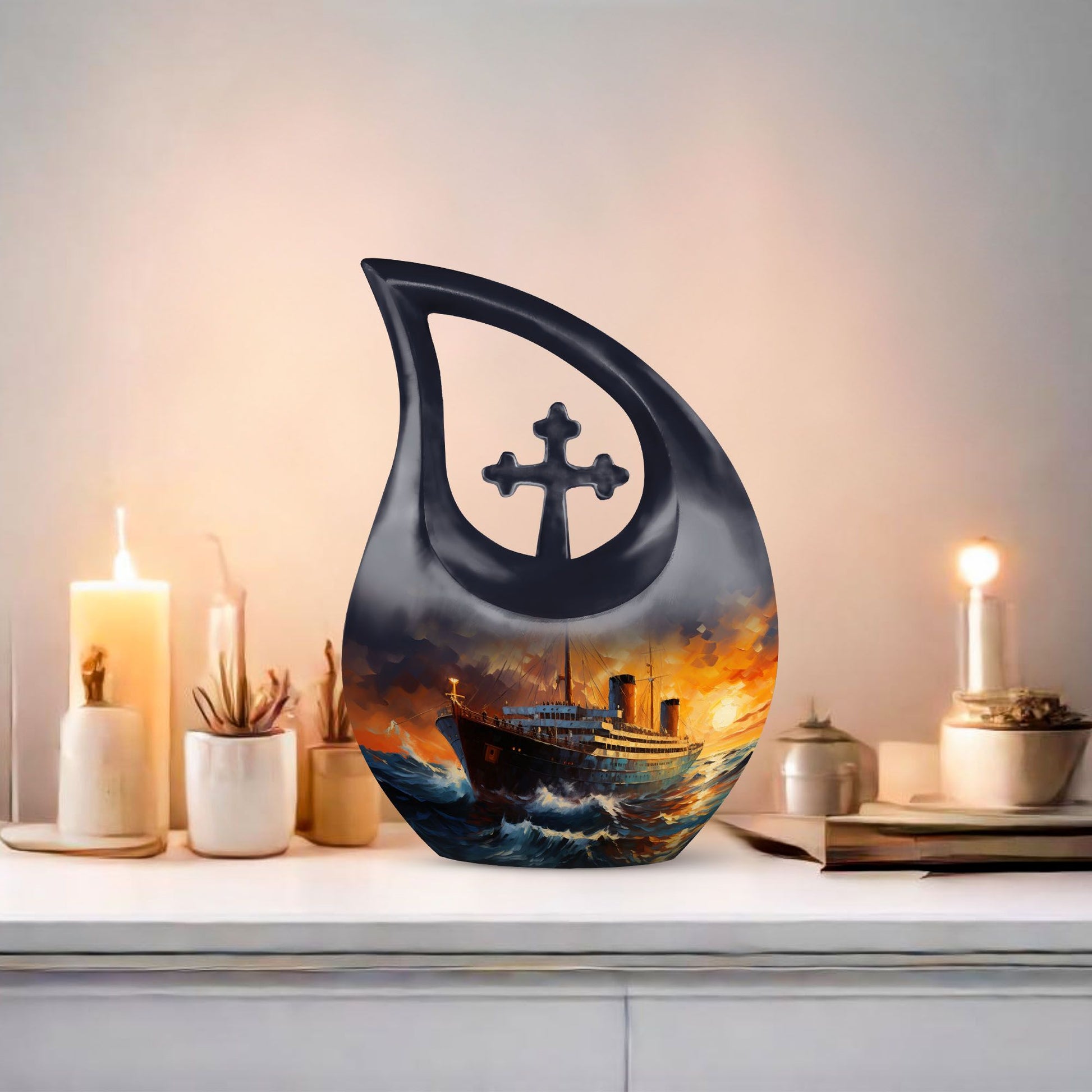 10-inch Ship Urn with Cross Drop design