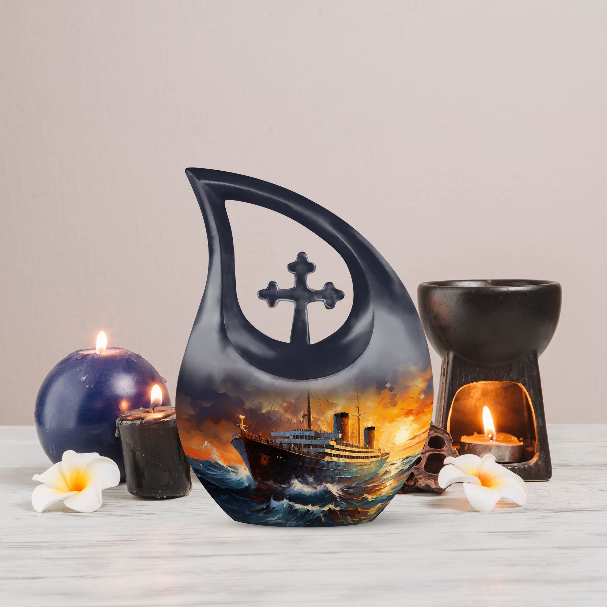 10-inch Ship Urn with Cross Drop design