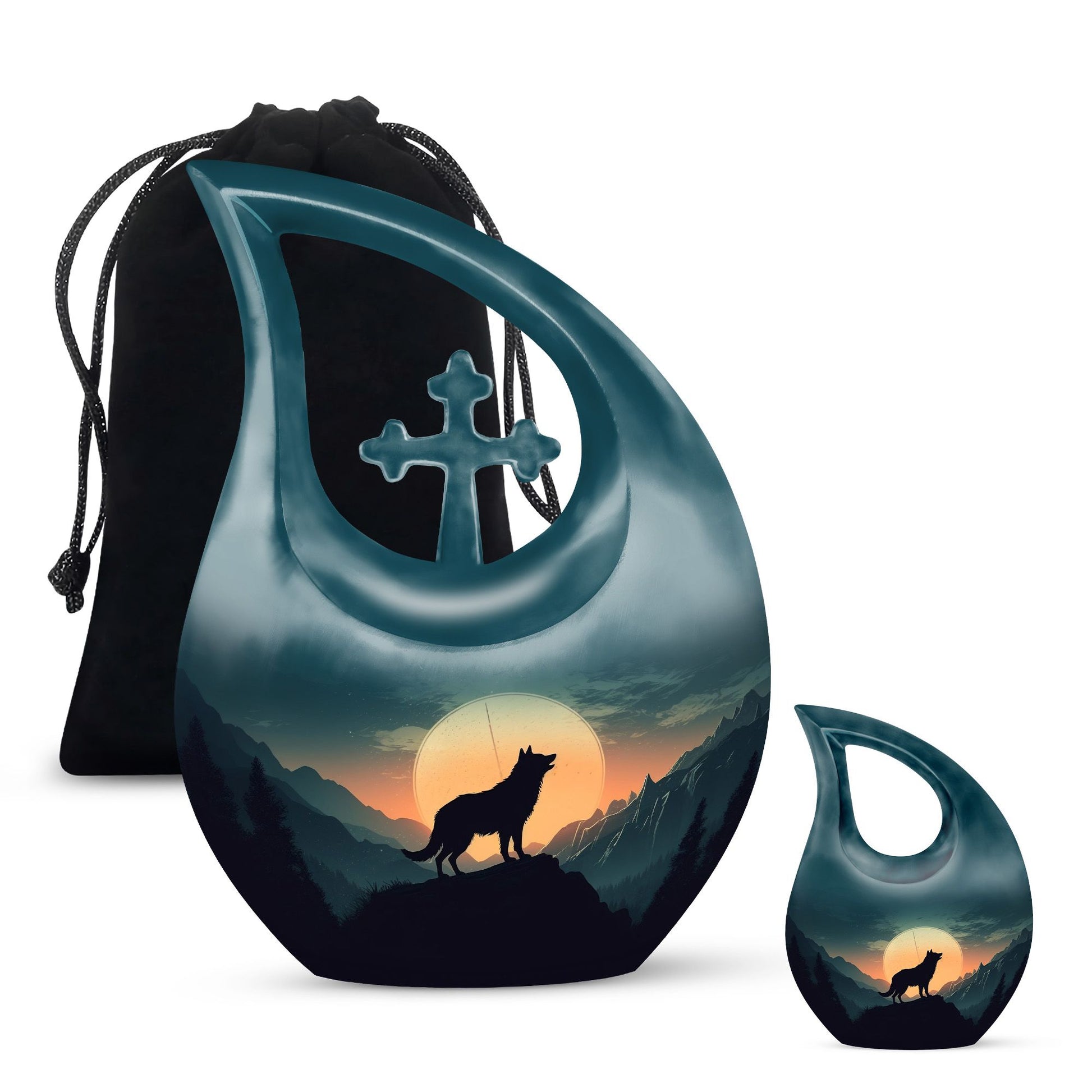 10 Inch, Wolf Howling Moon themed aluminium urn 