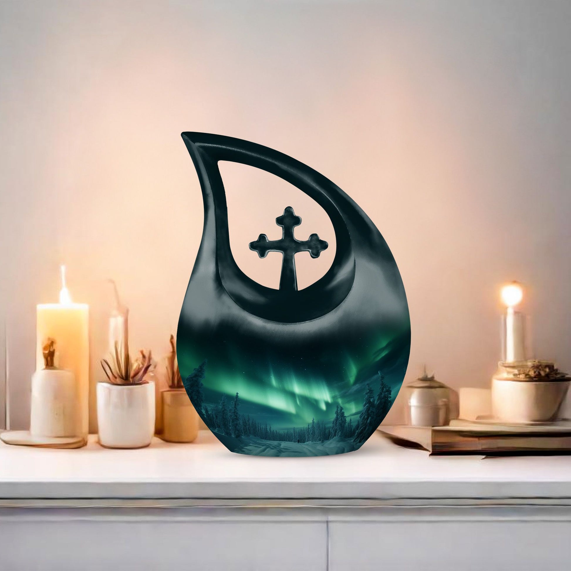 10-Inch Aurora Borealis over Cross Drop Urn,