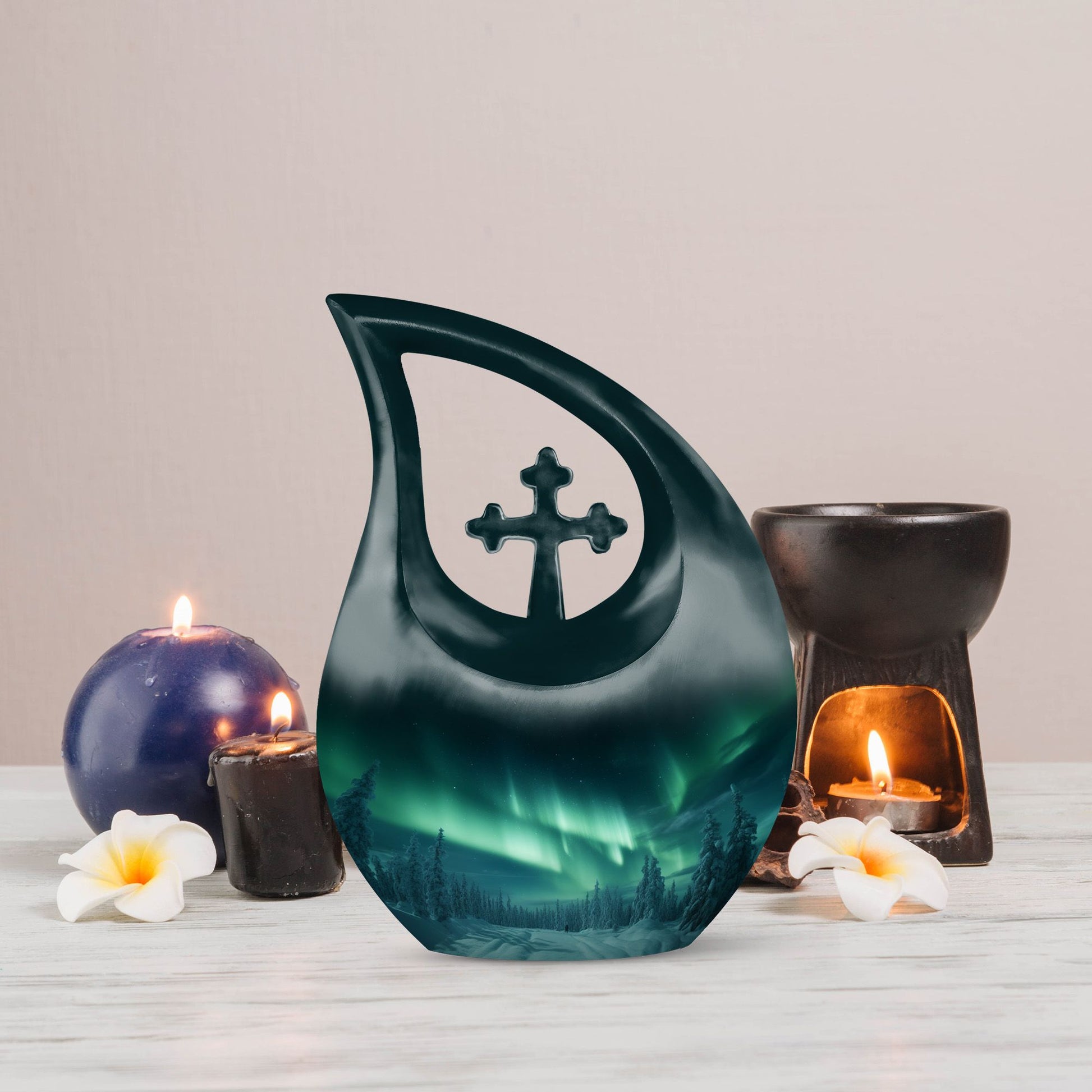 10-Inch Aurora Borealis over Cross Drop Urn,