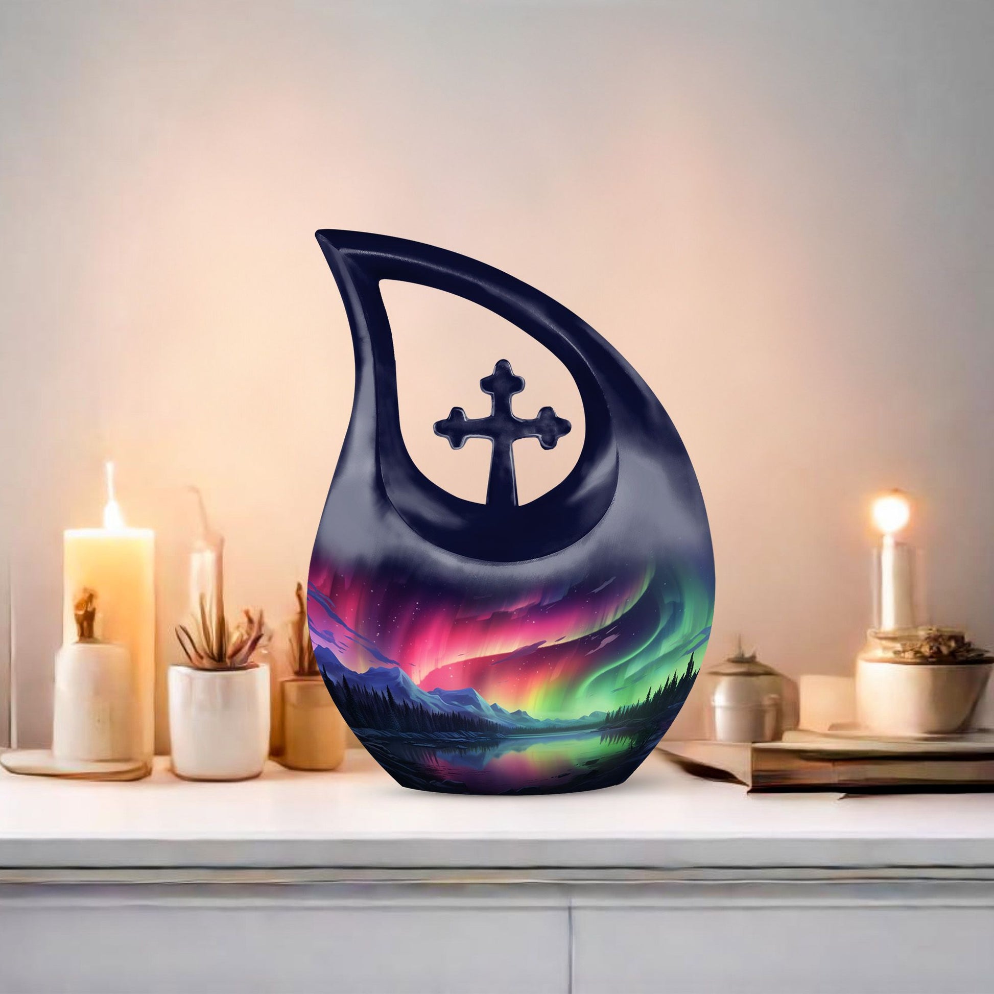 10-inch Auroral Splendor Over Cross Drop design, Outdoor Urn