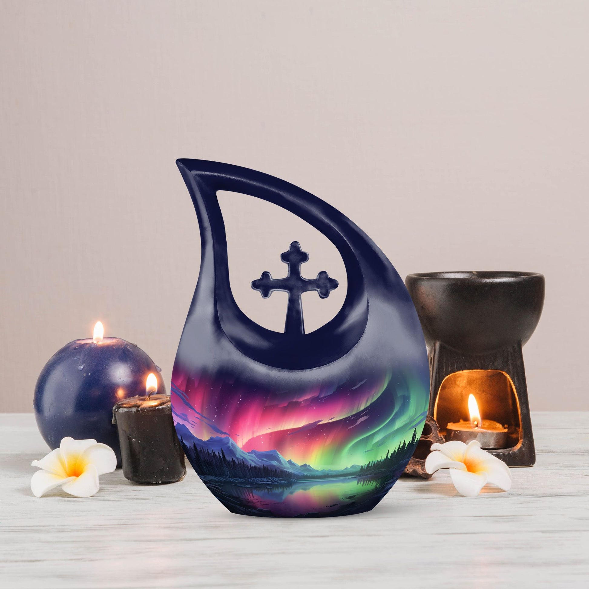 10-inch Auroral Splendor Over Cross Drop design, Outdoor Urn