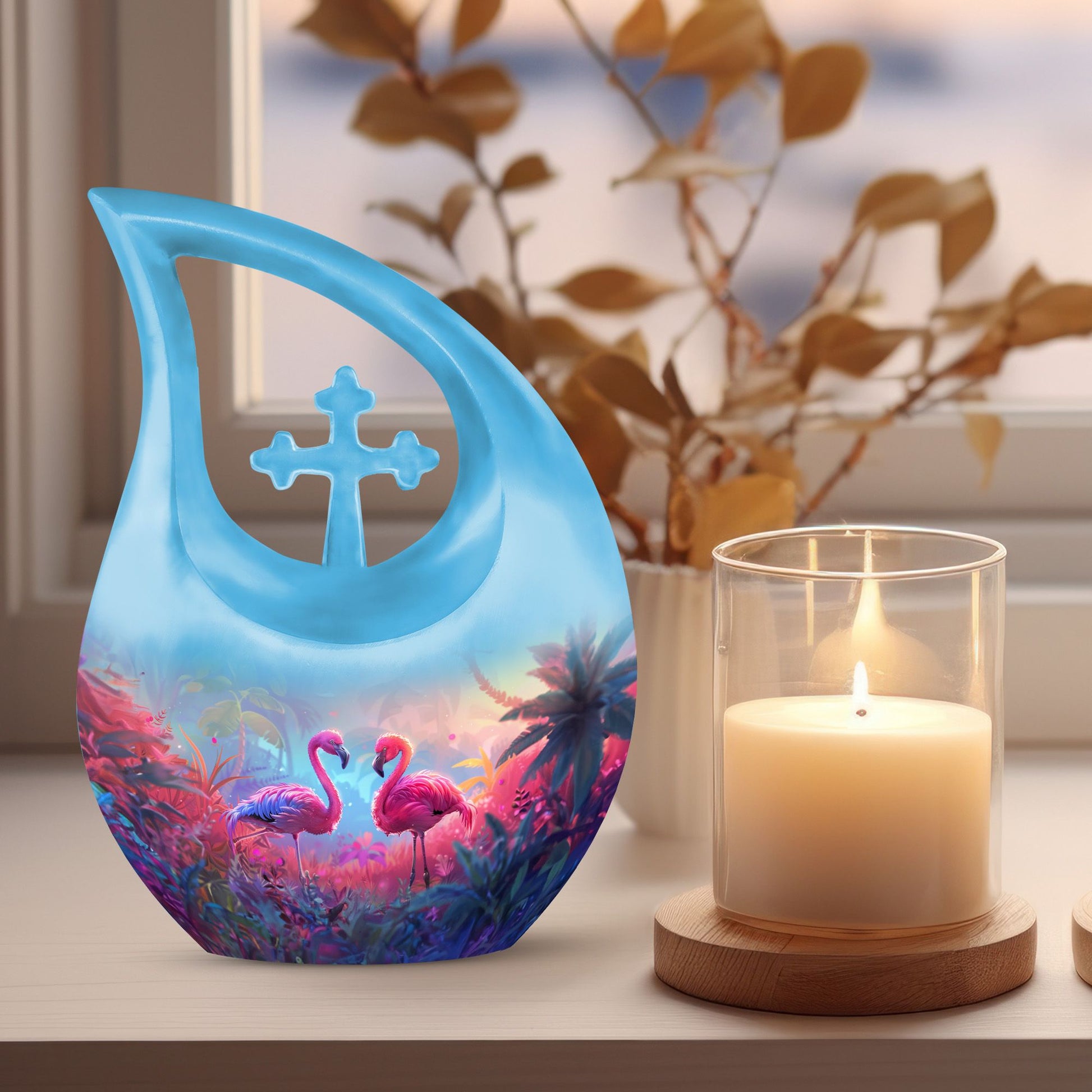 10 inch Cross Drop Mystical Flamingo Twilight Urn,