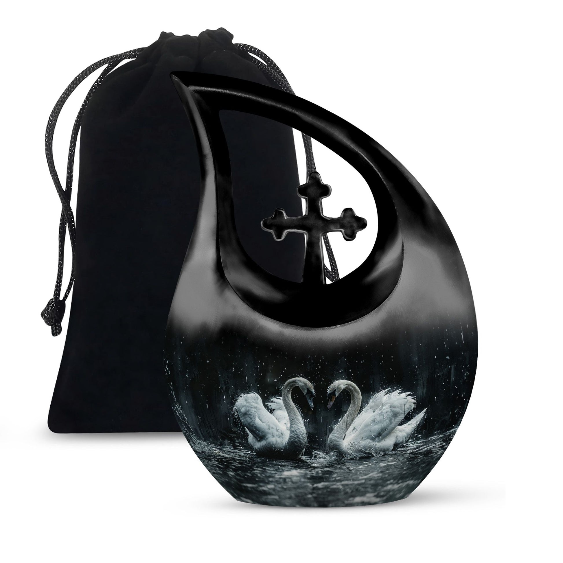 10-inch Monochrome Swan Urn with Cross Drop design 