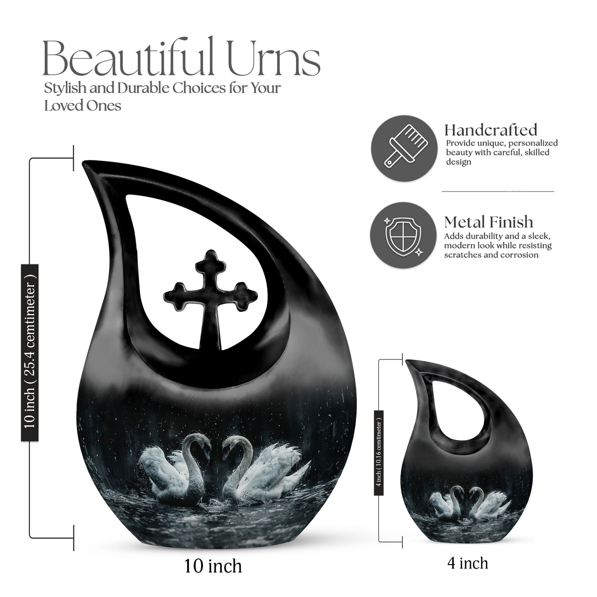 10-inch Monochrome Swan Urn with Cross Drop design 