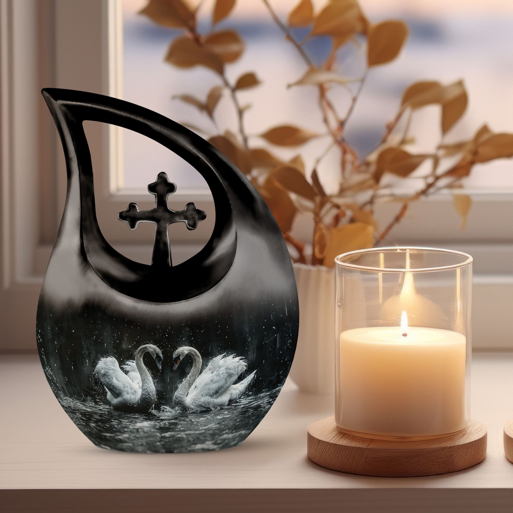 10-inch Monochrome Swan Urn with Cross Drop design 