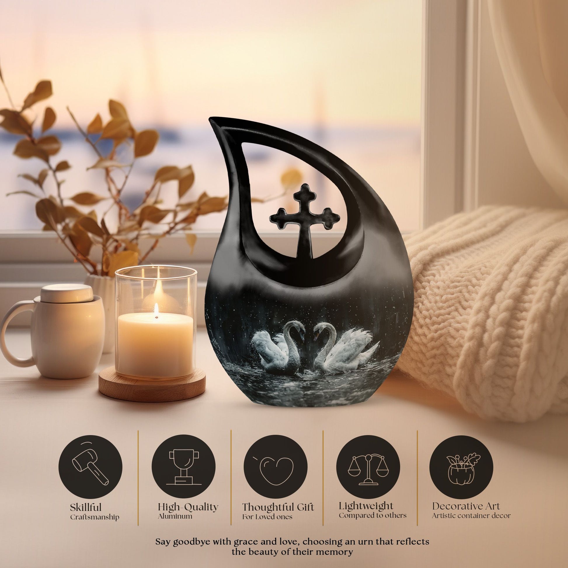 10-inch Monochrome Swan Urn with Cross Drop design 