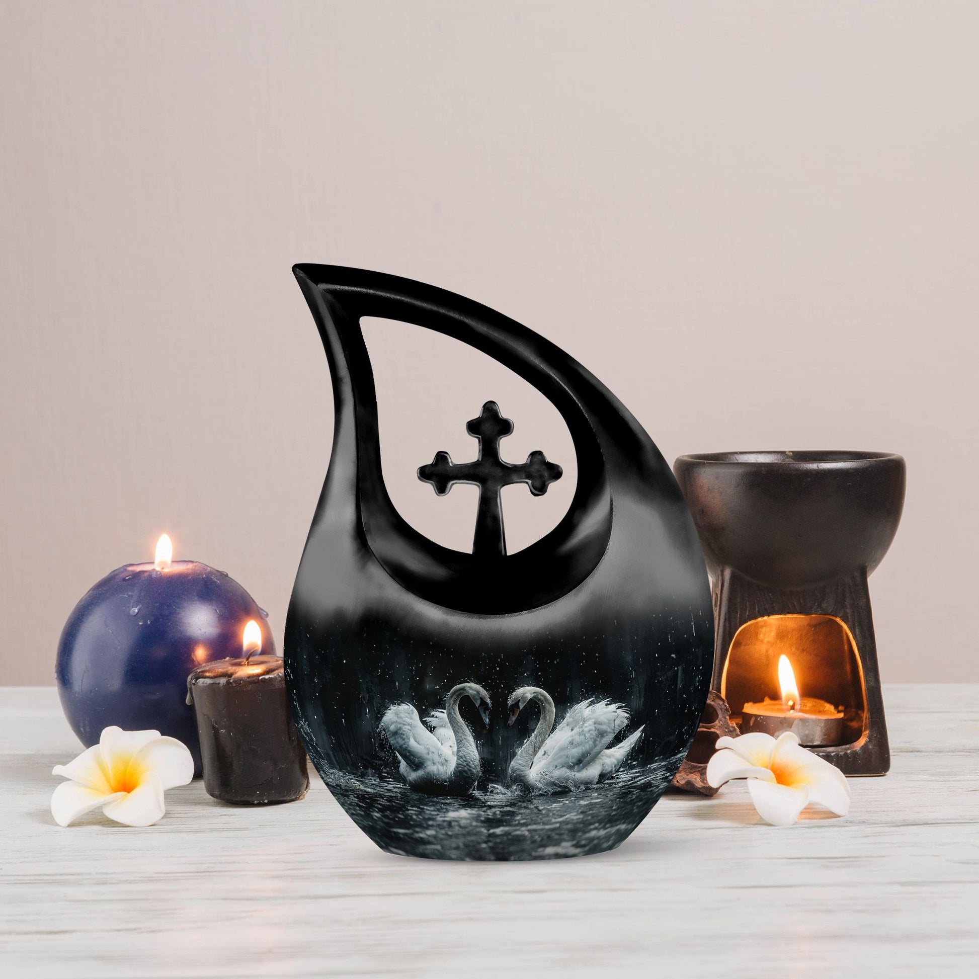 10-inch Monochrome Swan Urn with Cross Drop design 