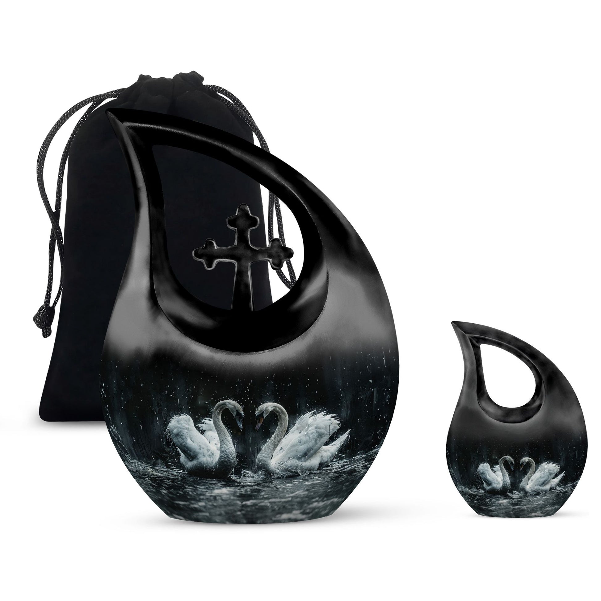 10-inch Monochrome Swan Urn with Cross Drop design 