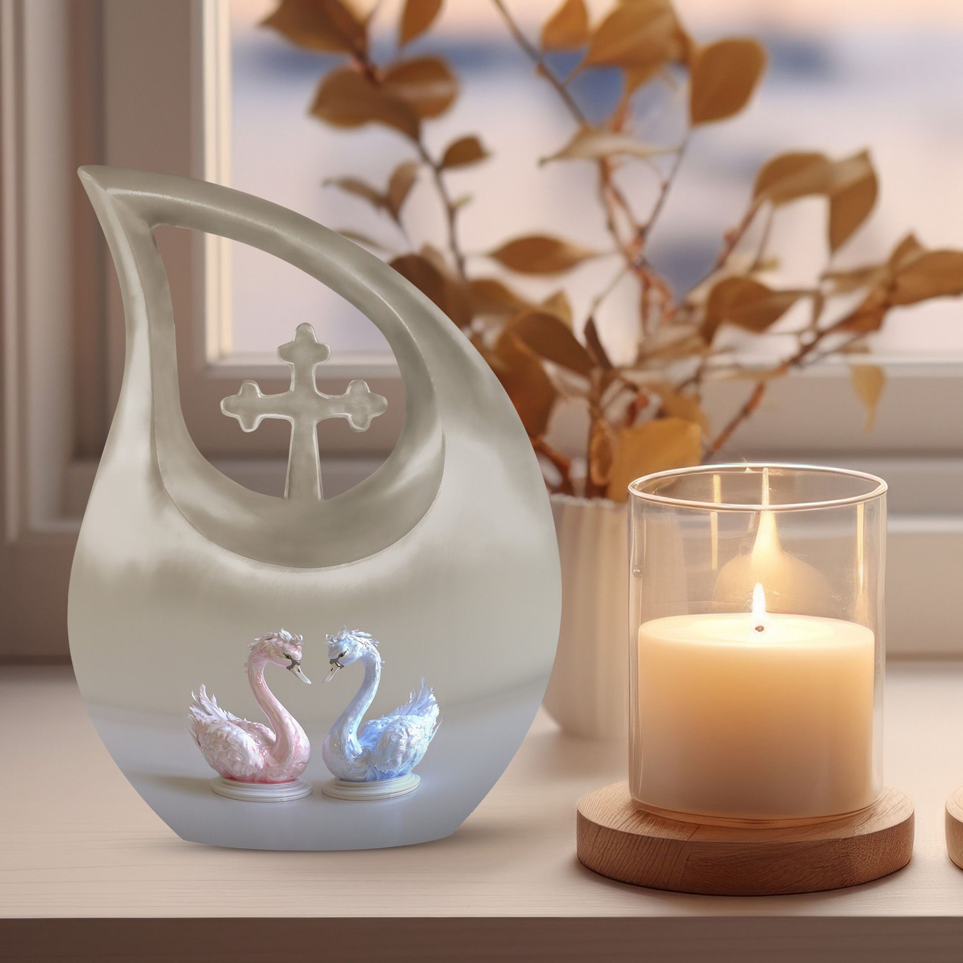 10-Inch Iridescent Swan Duo Memorial Urn 