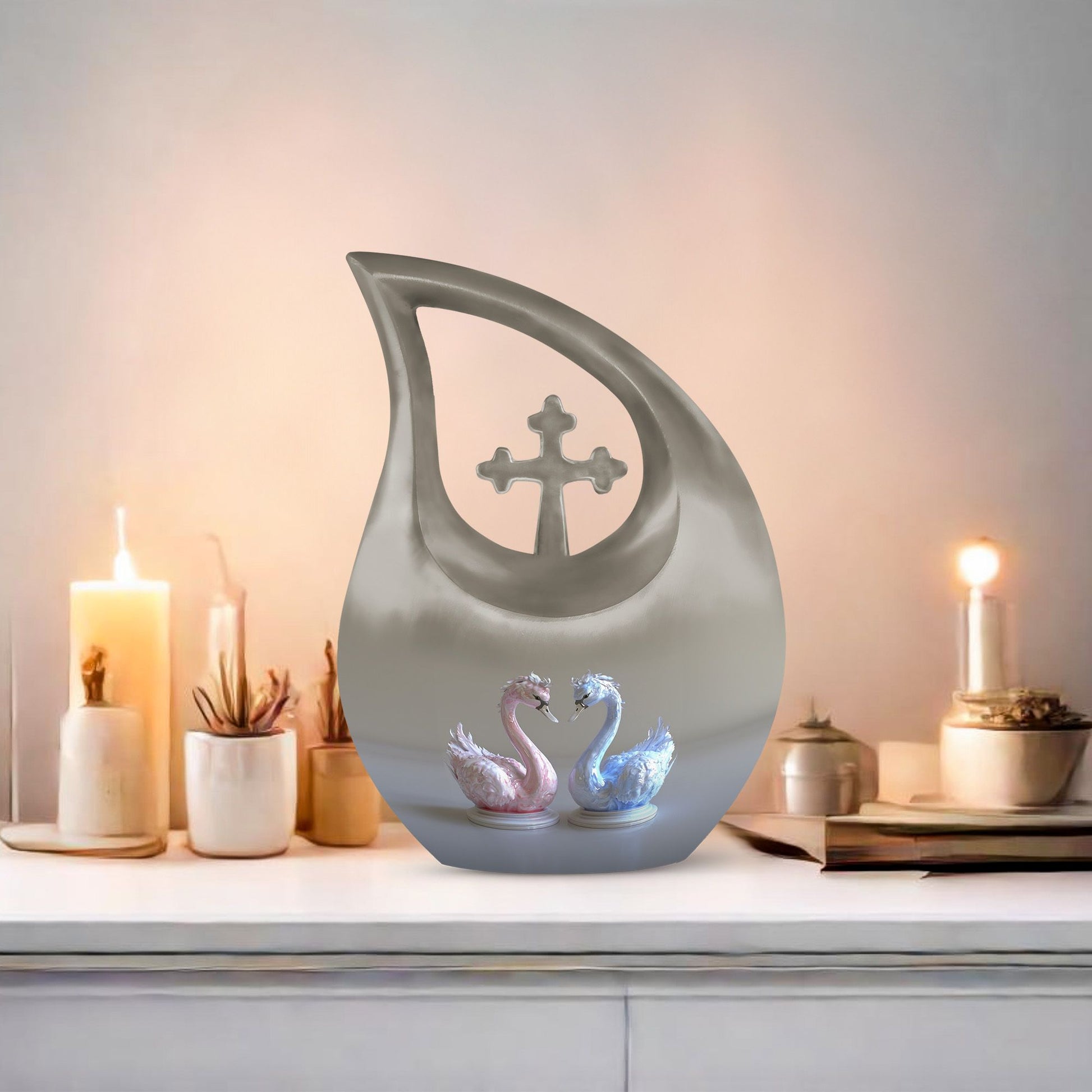 10-Inch Iridescent Swan Duo Memorial Urn 