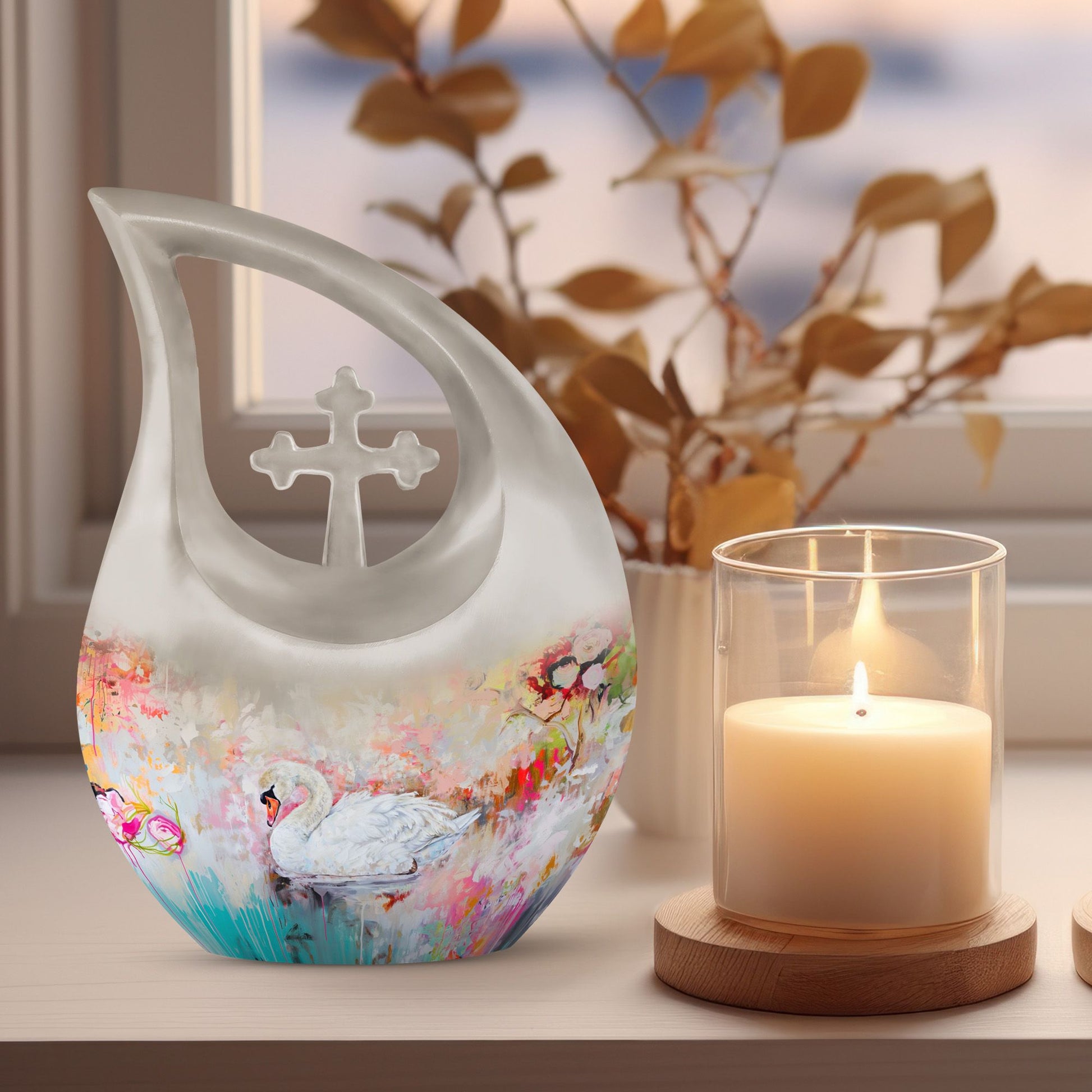 Vibrant Swan Elegance Urn in Cross Drop 