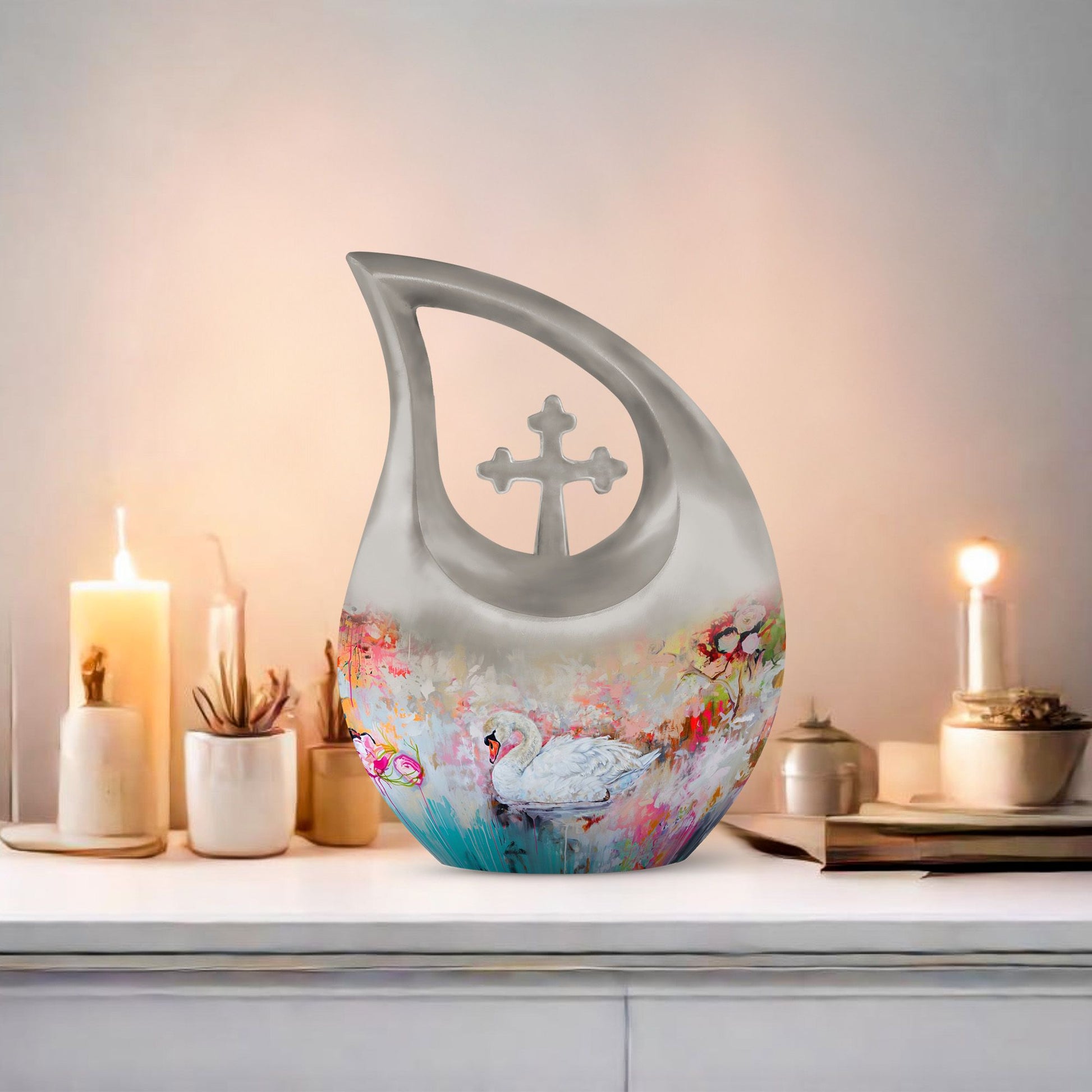 Vibrant Swan Elegance Urn in Cross Drop 