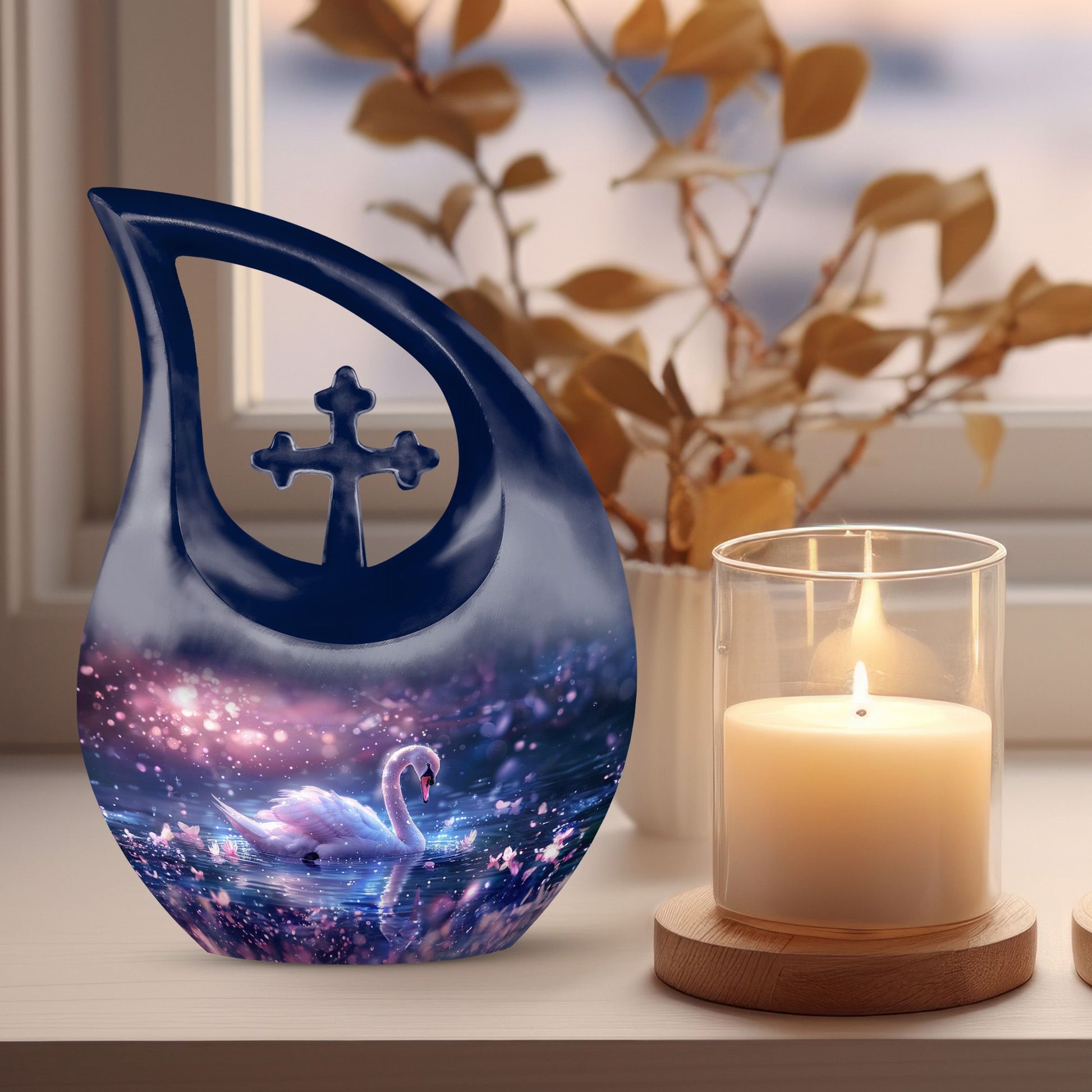 Dreamy Swan Nocturne Urn with Cross Drop design, 