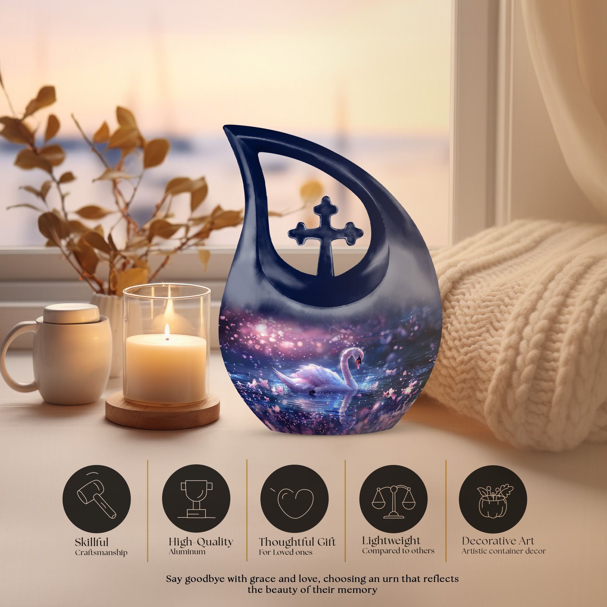 Dreamy Swan Nocturne Urn with Cross Drop design, 