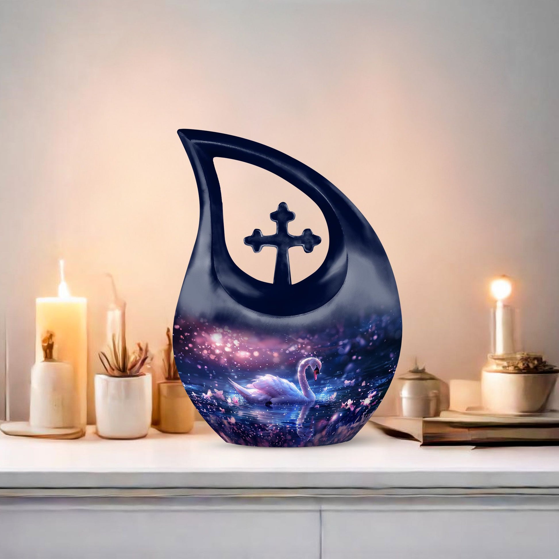 Dreamy Swan Nocturne Urn with Cross Drop design, 