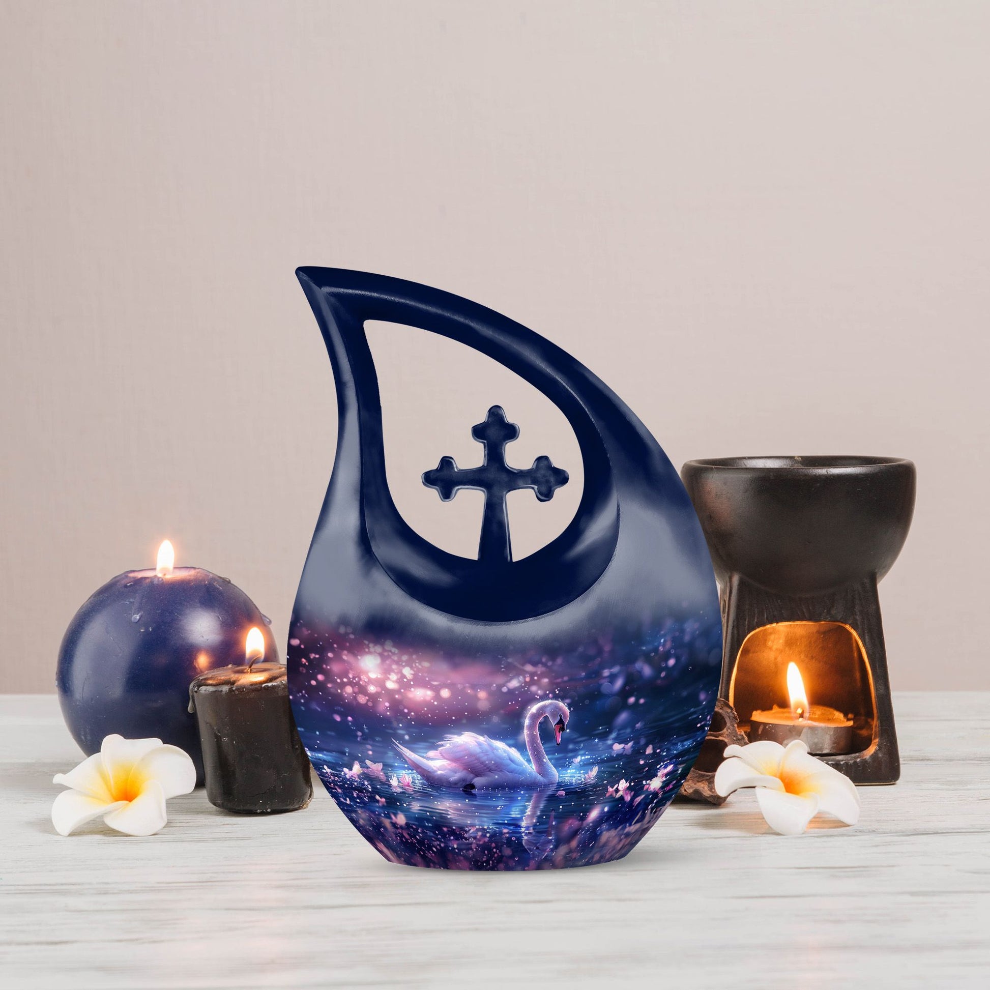 Dreamy Swan Nocturne Urn with Cross Drop design, 