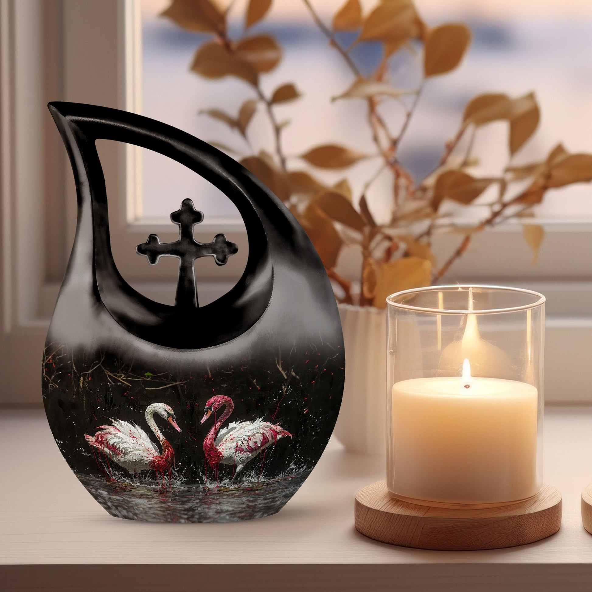 10-inch Crimson Splashed Swans Urn 