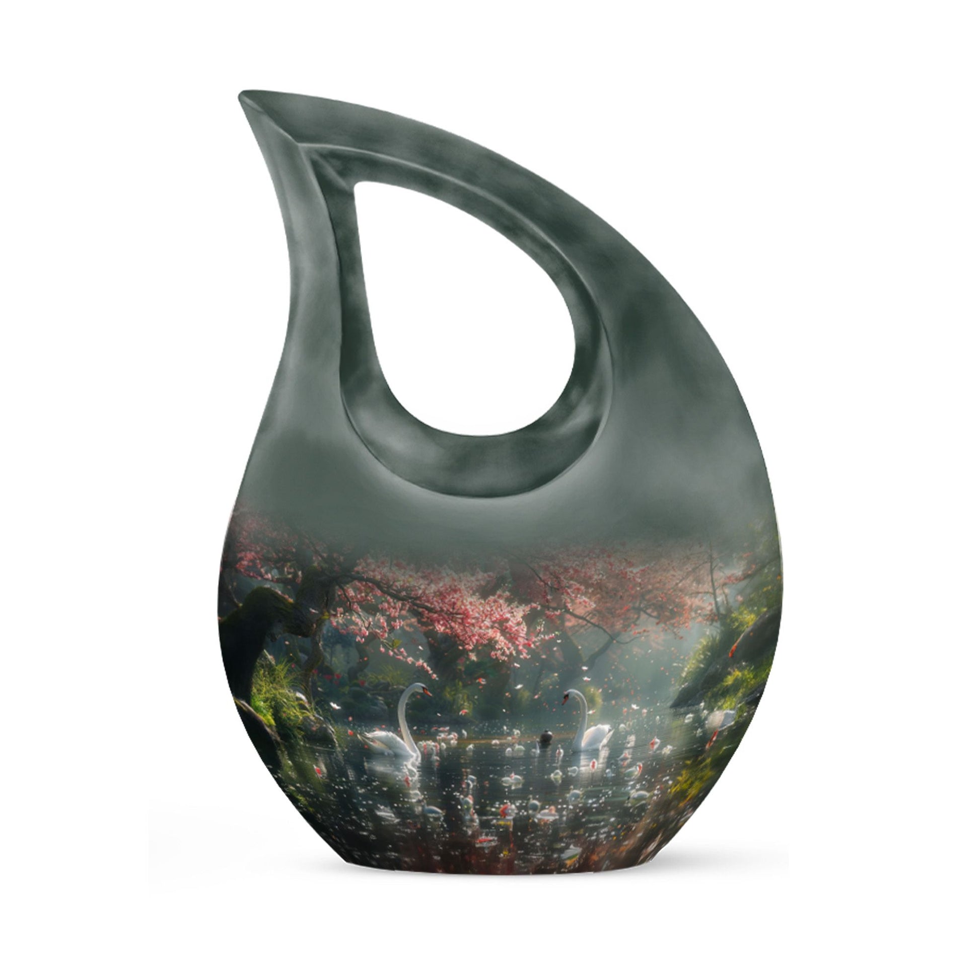 springtime swan reflection urn with cross drop design 