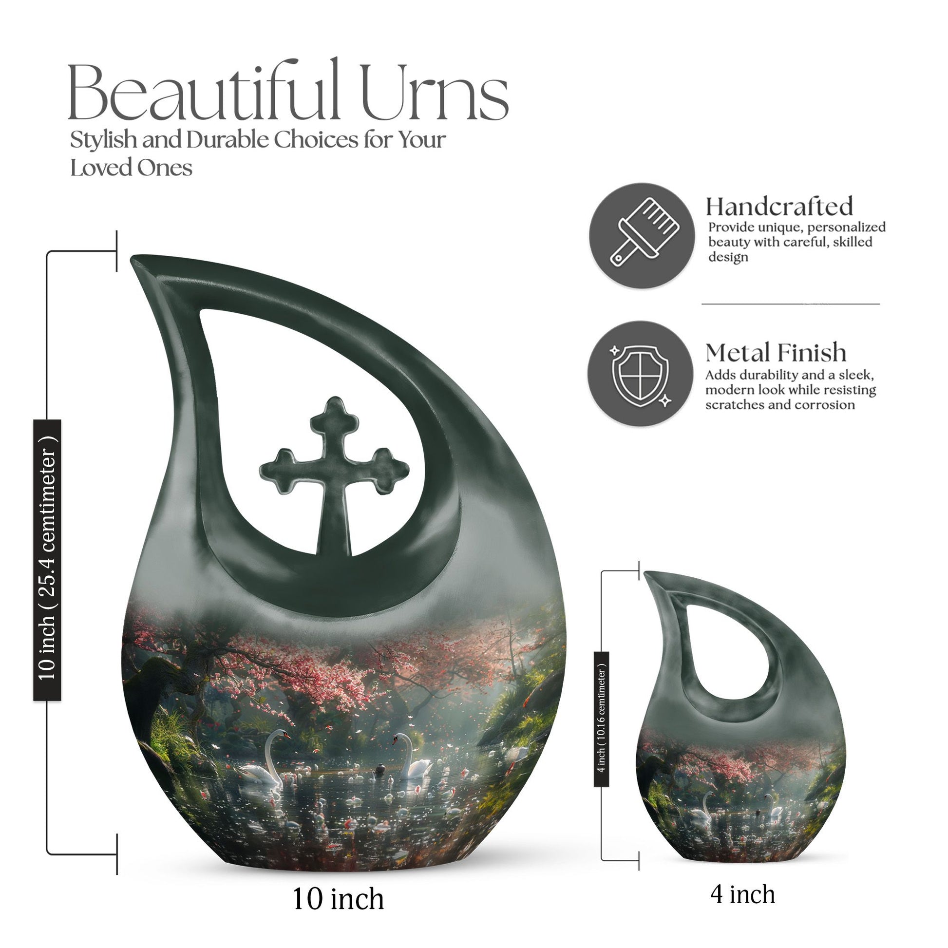 springtime swan reflection urn with cross drop design 