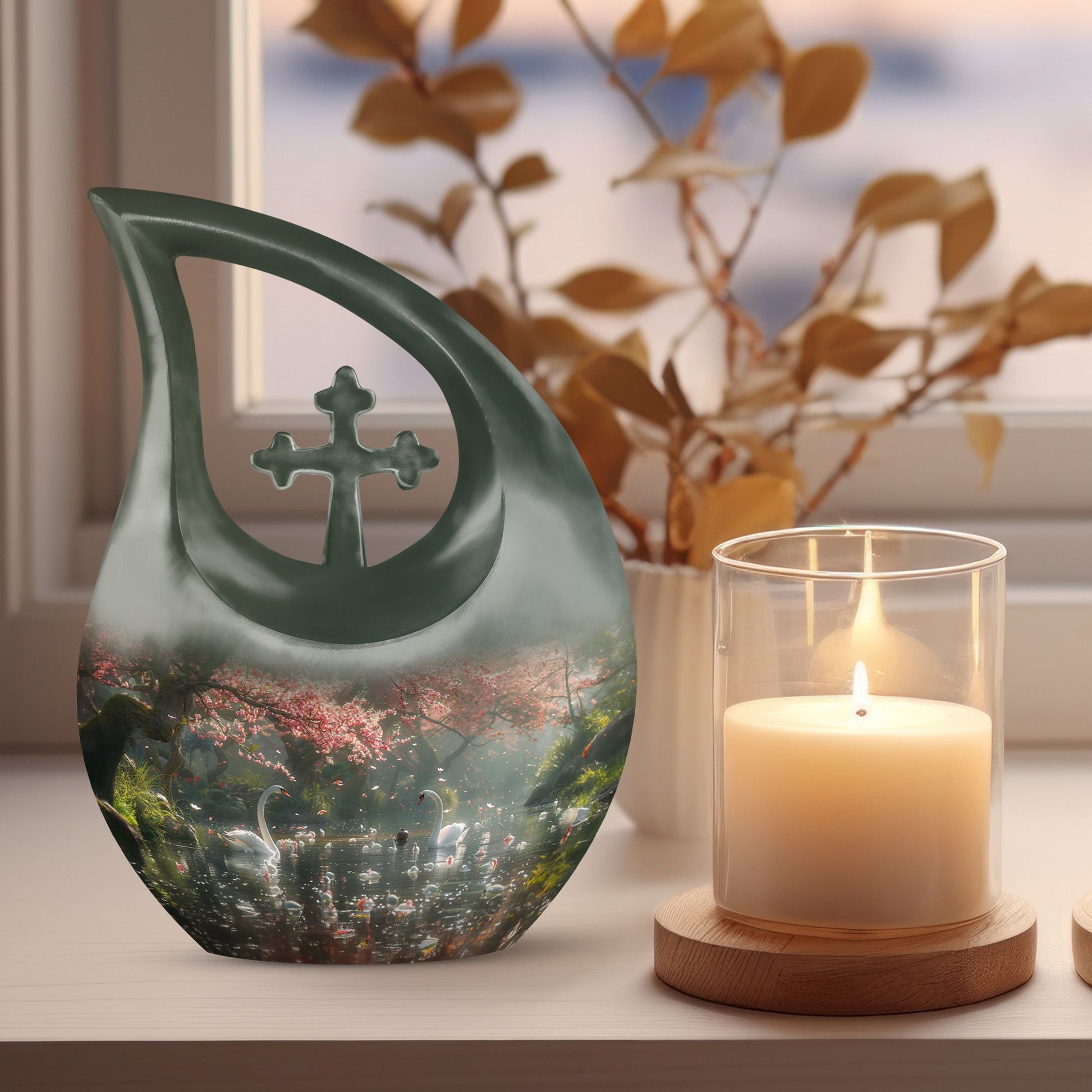 springtime swan reflection urn with cross drop design 